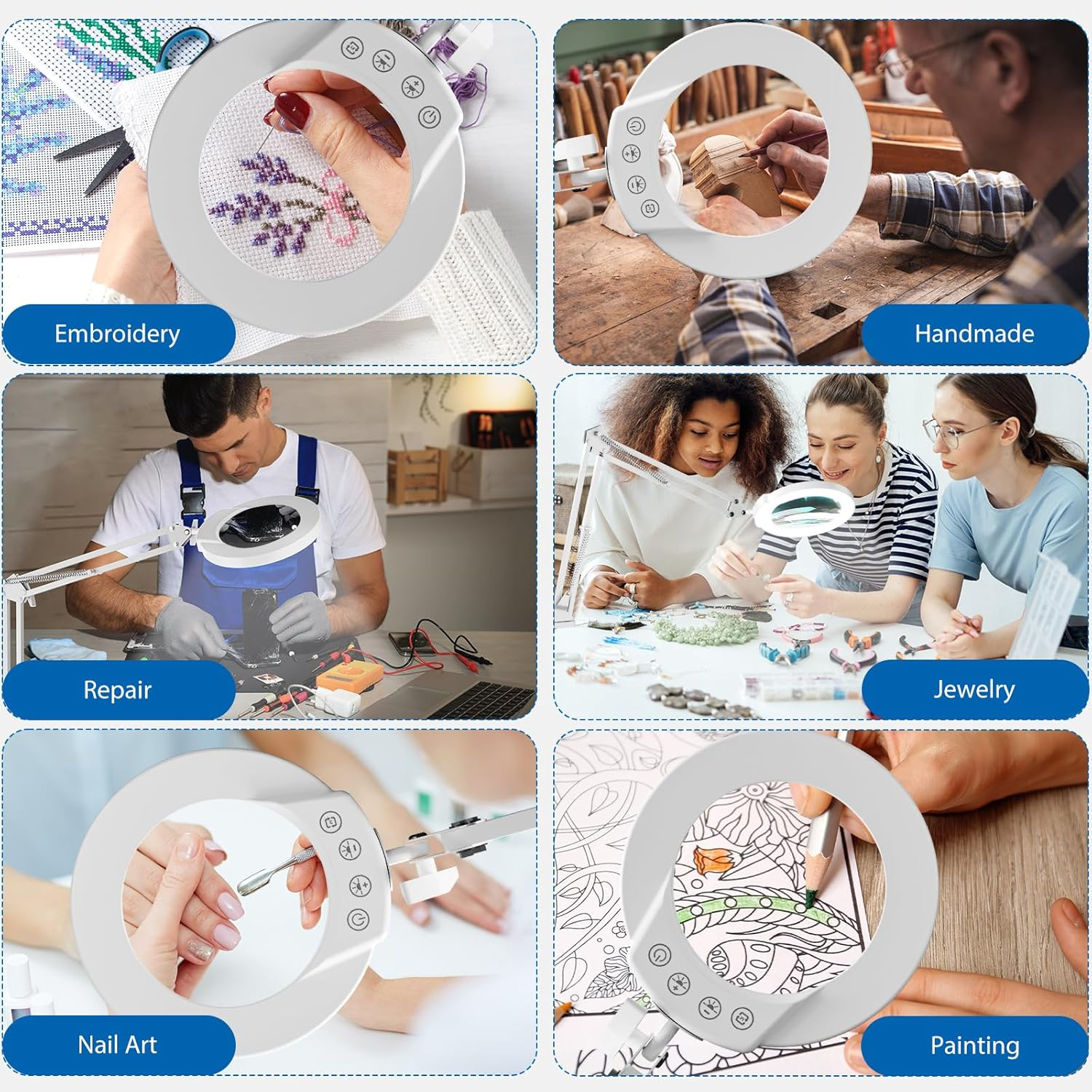 10X Magnifying Glass with Light and Clamp, Real Glass Lighted Magnifier with 5 Color Modes & Stepless Dimmable, Hands Free Desk Lamp for Hobbies, Crafts, Reading and Close Work (White) image number 1