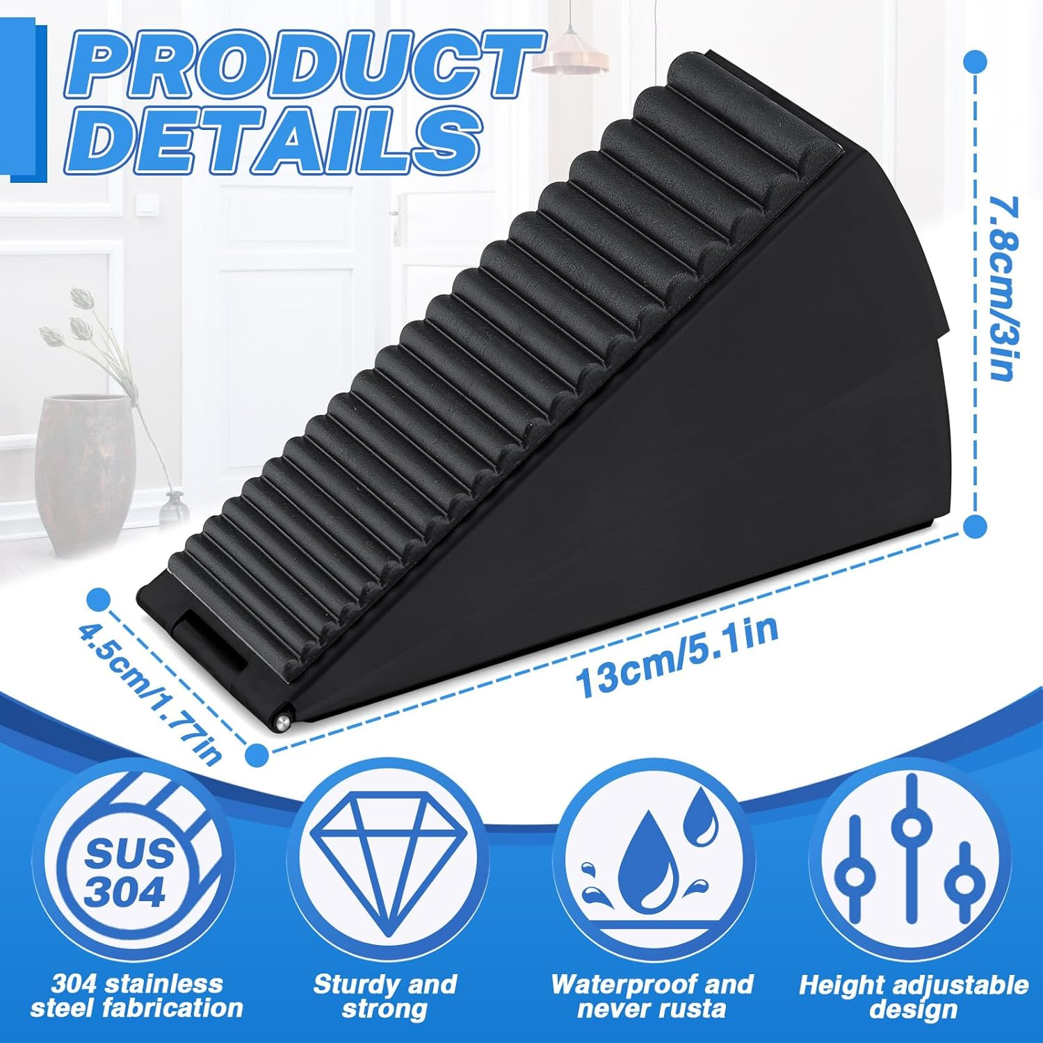 Sekonow Large Door Stopper - Heavy Duty Door Stop Wedge Stainless Steel Rubber Door Stoppers for Bottom of Door, 2.8In Tall Adjustable Doorstop Suits Any Heavy Door, Black image number 1