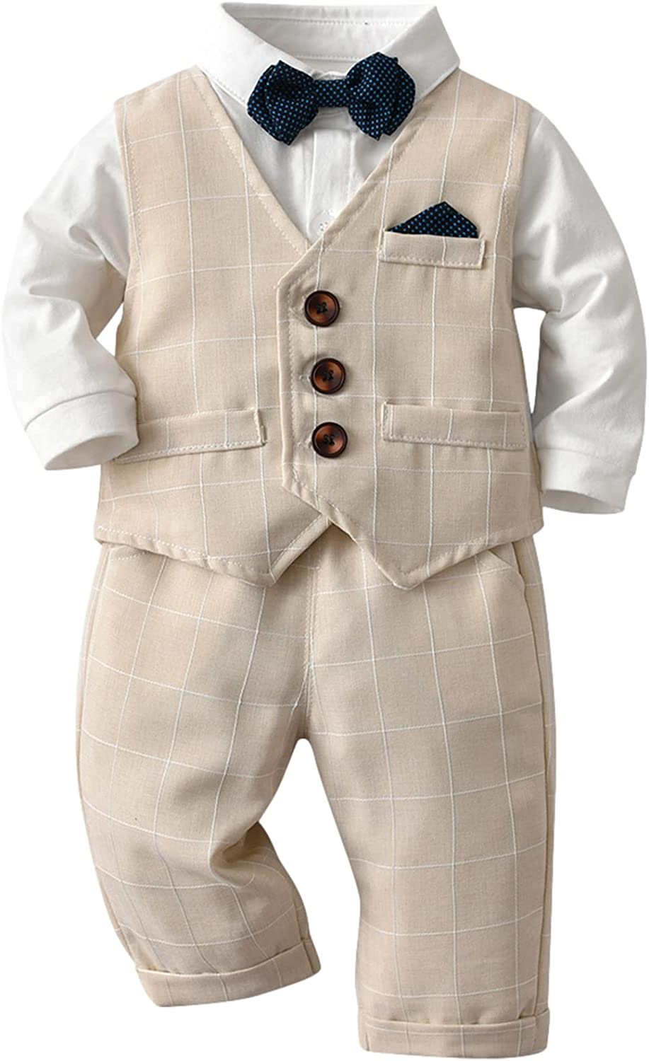 Amokk Baby Boy Formal Outfits White Shirt + Plaid Waistcoat + Pants + Bowtie 4Pcs Gentleman Clothing Set for 1St Birthday