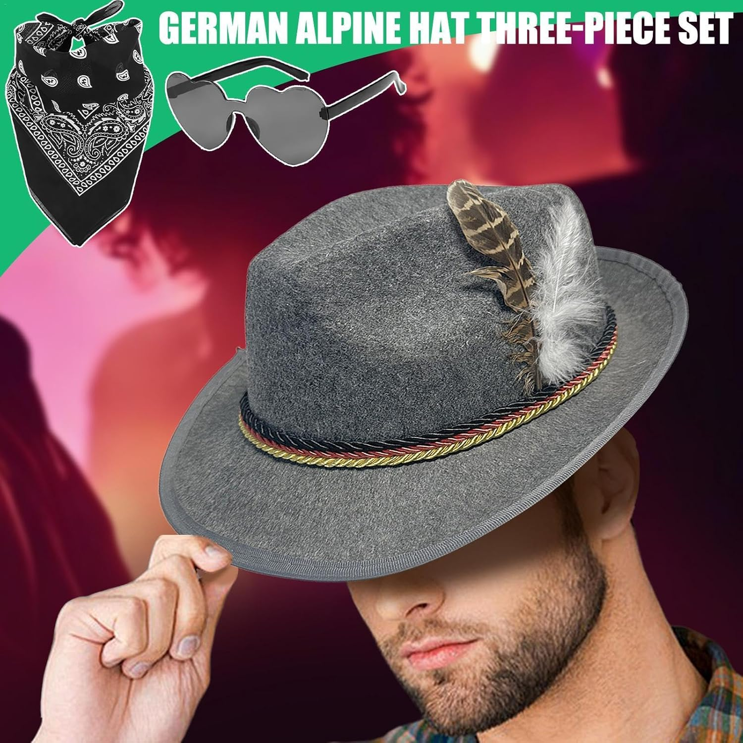 Alpine Hat - 1Set Fedora Oktoberfest Hat with Headscarf, Eyeglasses,Non-Woven German Hunter Hat, Adult German Alpine Bavarian Hat for Adults Cosplay - Green image number 4