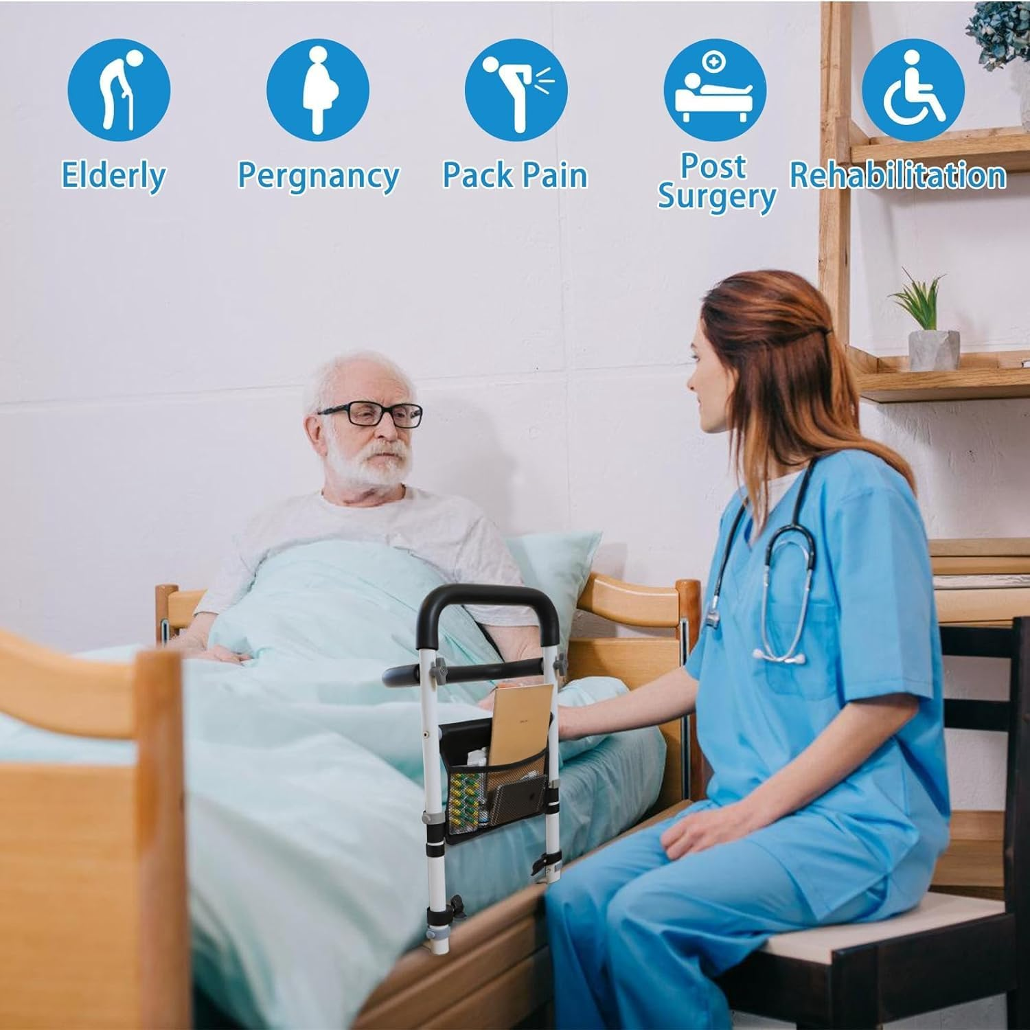 Bed Rails for Elderly Adults Safety with 2 Handles,Bed Assist Rail Adjustable Height for Seniors,Double Crossbeam Bed Cane with Side Rails for Maximum Safety and Support image number 2