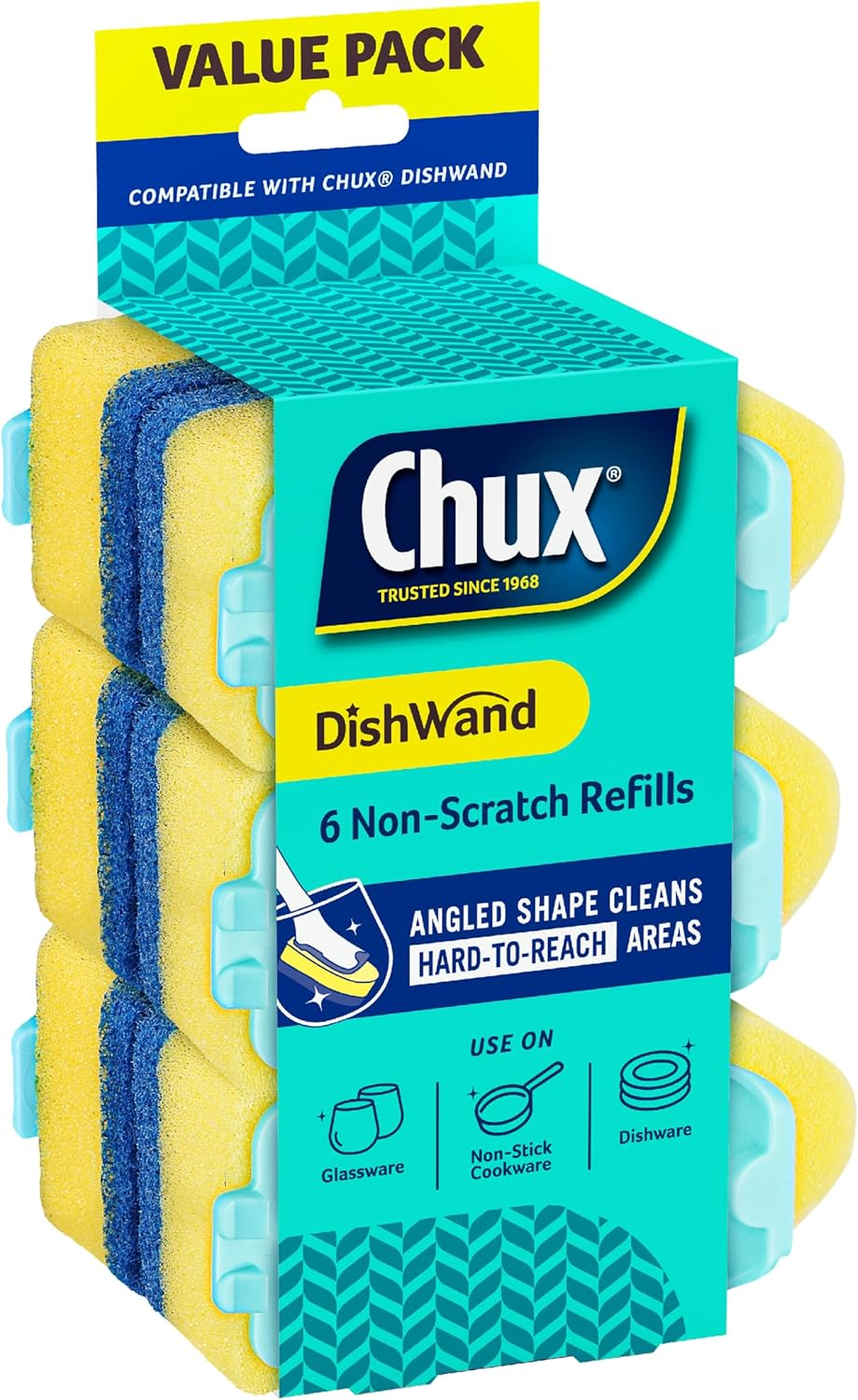 Chux Dishwand Sponge Scourer Refills, Non-Scratch and Angled, 6 Count image number 6