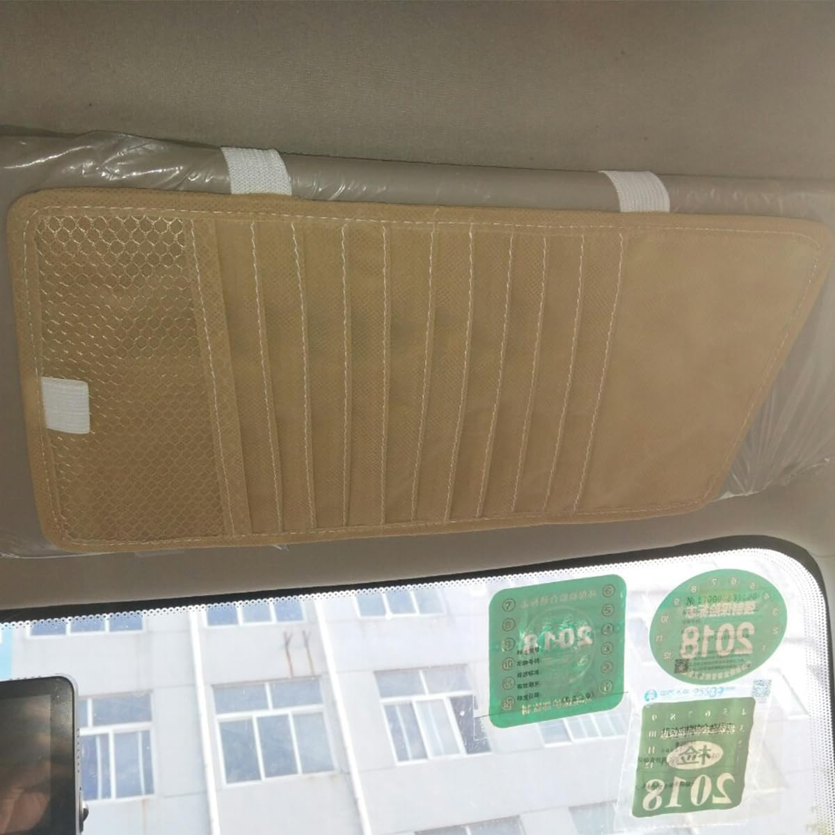 Car CD Holder Storage Case,Cd Case Holder for Car,Khaki Large Capacity CD Visor Case,Car Truck SUV Visor Organizer with 10 DVD Storage Sleeves 1 Mesh Pocket 1 Pen Holder Elastic Strap image number 6