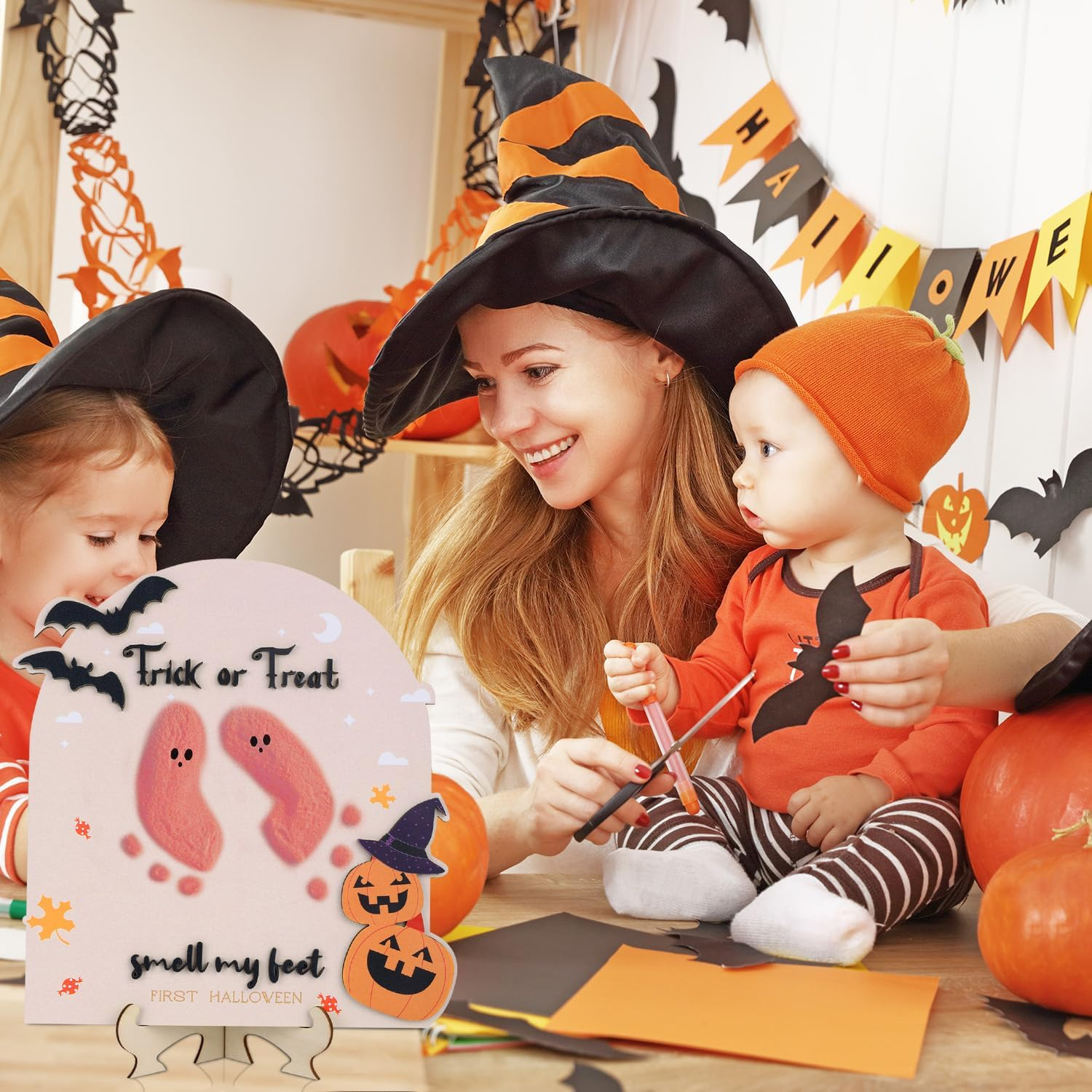 Baby'S First Halloween Footprint Wooden Milestone Card, Trick-Or-Treat Baby Footprint Sign Cute Pumpkin Decorative Halloween Keepsake DIY Craft Art Nursery Decorations image number 4