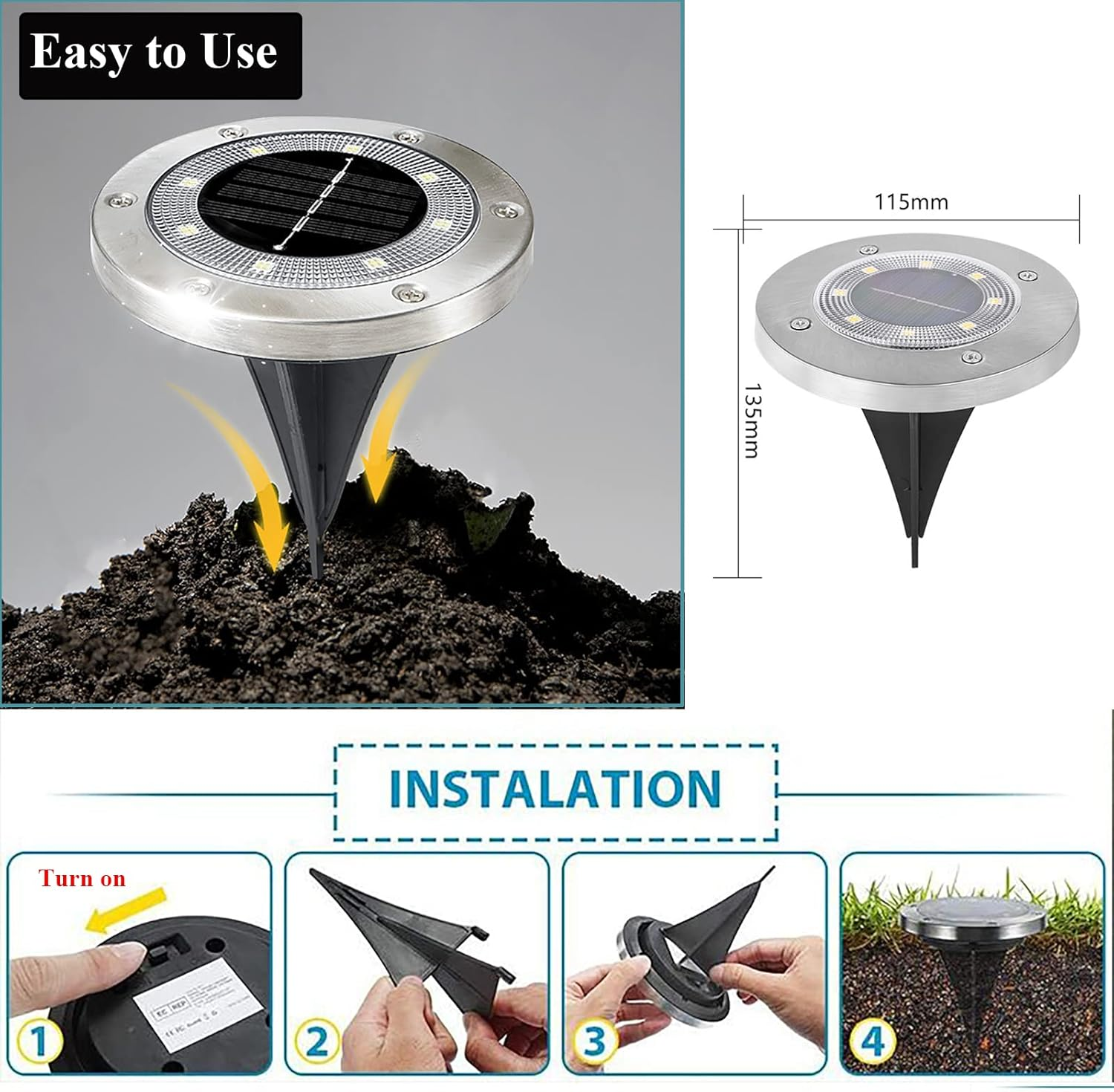 Solar Ground Lights, Outdoor Waterprood 8 LED Solar Powered Floor Landscape Light for Garden Pathway Walkway Patio- 4 Pack (White) image number 5