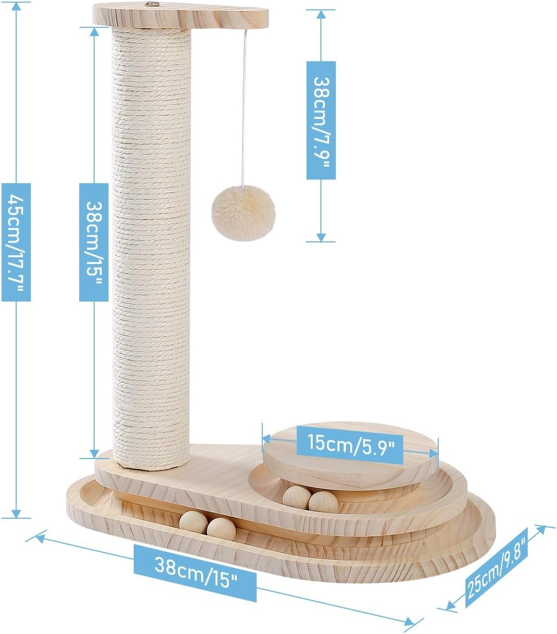 PAWZ Road Cat Scratching Post Cat Scratcher Kitten Toys for Indoor Cats Wooden Ball Track Two-Layer Modern Sisal 45Cm Tall Scratch Post Interactive Toy with Dangling Ball image number 6