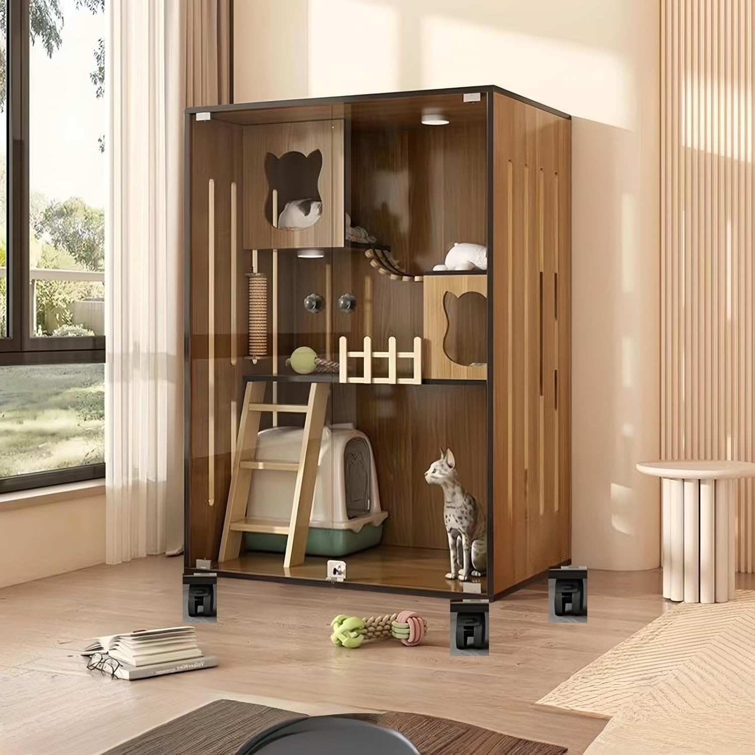 XXYSPT Wooden Cat Cage Indoor Cat House &ndash; 3-Level Condo for 1&ndash;3 Pets with Guardrail, Clear Door, Scratching Post & Ladder &ndash; Walnut Finish (90X60X120Cm) image number 1