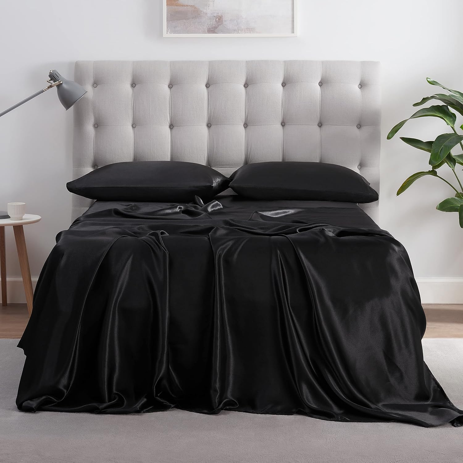 SERTA Satinluxury 4Pc Soft Lightweight Deep Pocket Bedding Silky Satin Sheet Set with Pillowcases, King, Black