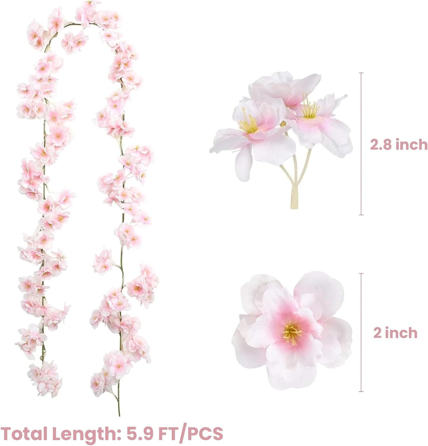 WOYAODONG 2Pcs Artificial Cherry Blossom Flower Vines Outdoor Hanging Garland for Wedding Party Decor,Pink image number 3