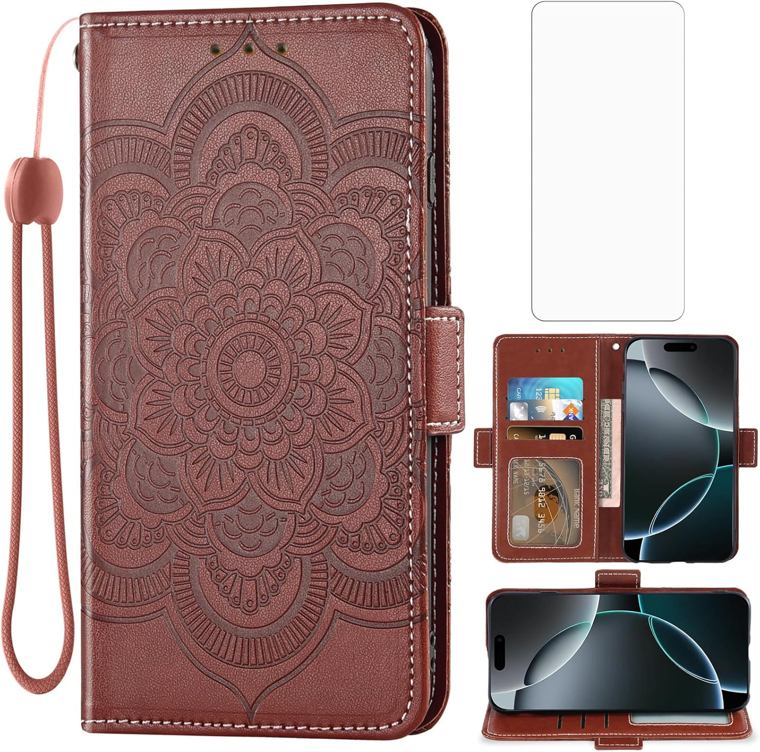 Asuwish Mobile Phone Case for Iphone 17 Pro, Case with Glass Film, Screen Protector, Card Slot, Foldable, Leather Wallet, Stand, Iphone 17 17Pro, Mobile Phone Case, Mandala Protective Cover, Phone