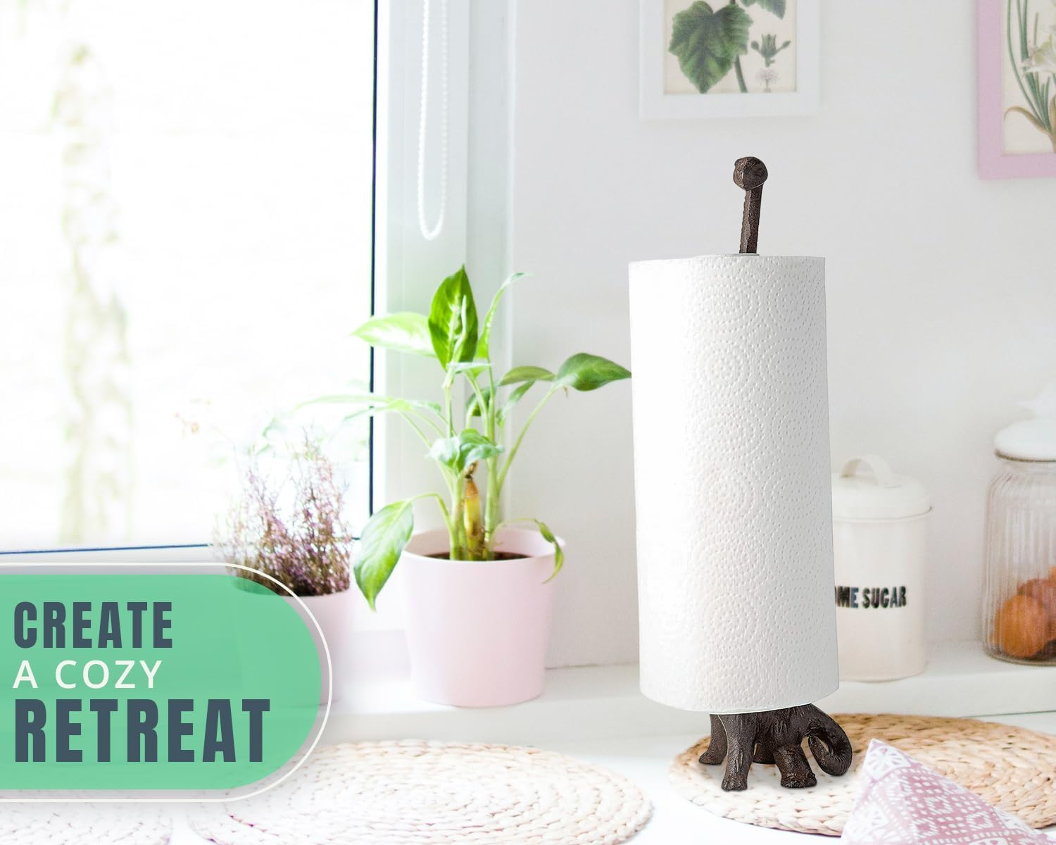 Comfify Paper Towel Holder or Free Standing Toilet Paper Holder- Cast Iron Dinosaur Paper Holder - Bathroom Toilet Paper Holder or Stand up Paper Towel Holder - Rustic Brown W/Vintage Finish By image number 3