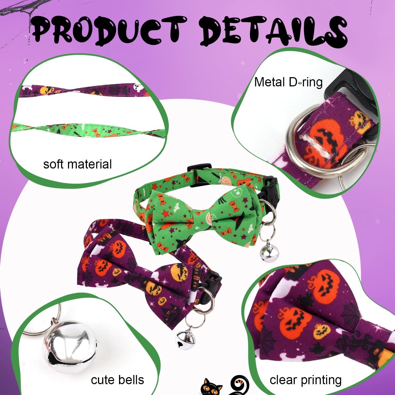 2Pcs Halloween Cat Collars, Adjustable Cotton Fabric Halloween Cat Collar with Bell Cute Soft Comfortable Kitten Collar with Bow (Green+Hat, Purple+Pumpkin) image number 1