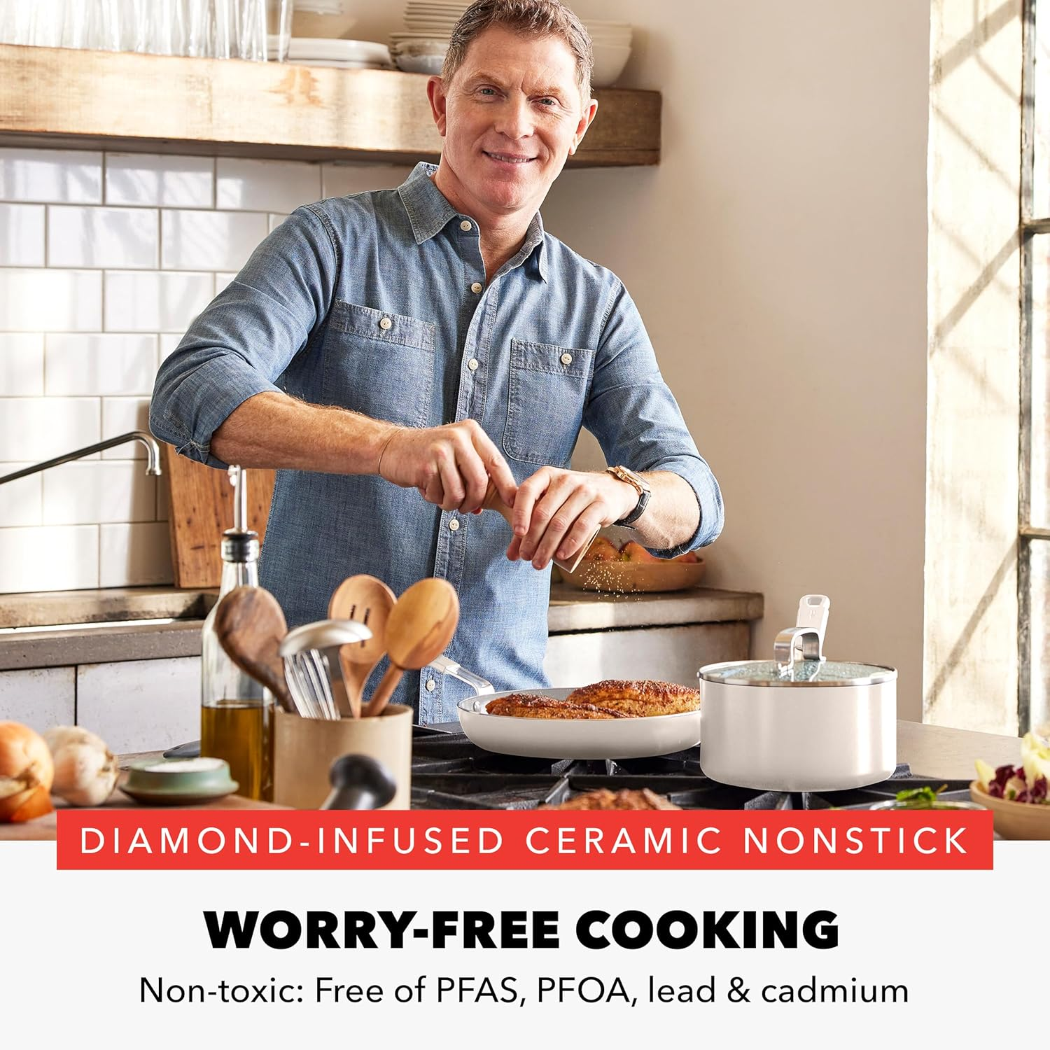 Greenpan X Bobby Flay 13 Piece Cookware Pots and Pans Set, Professional Grade Aluminum, PFAS & Pfoa-Free Ceramic Nonstick, Induction Suitable, Stay-Cool Silicone Handle, Dishwasher & Oven Safe, Cream image number 2