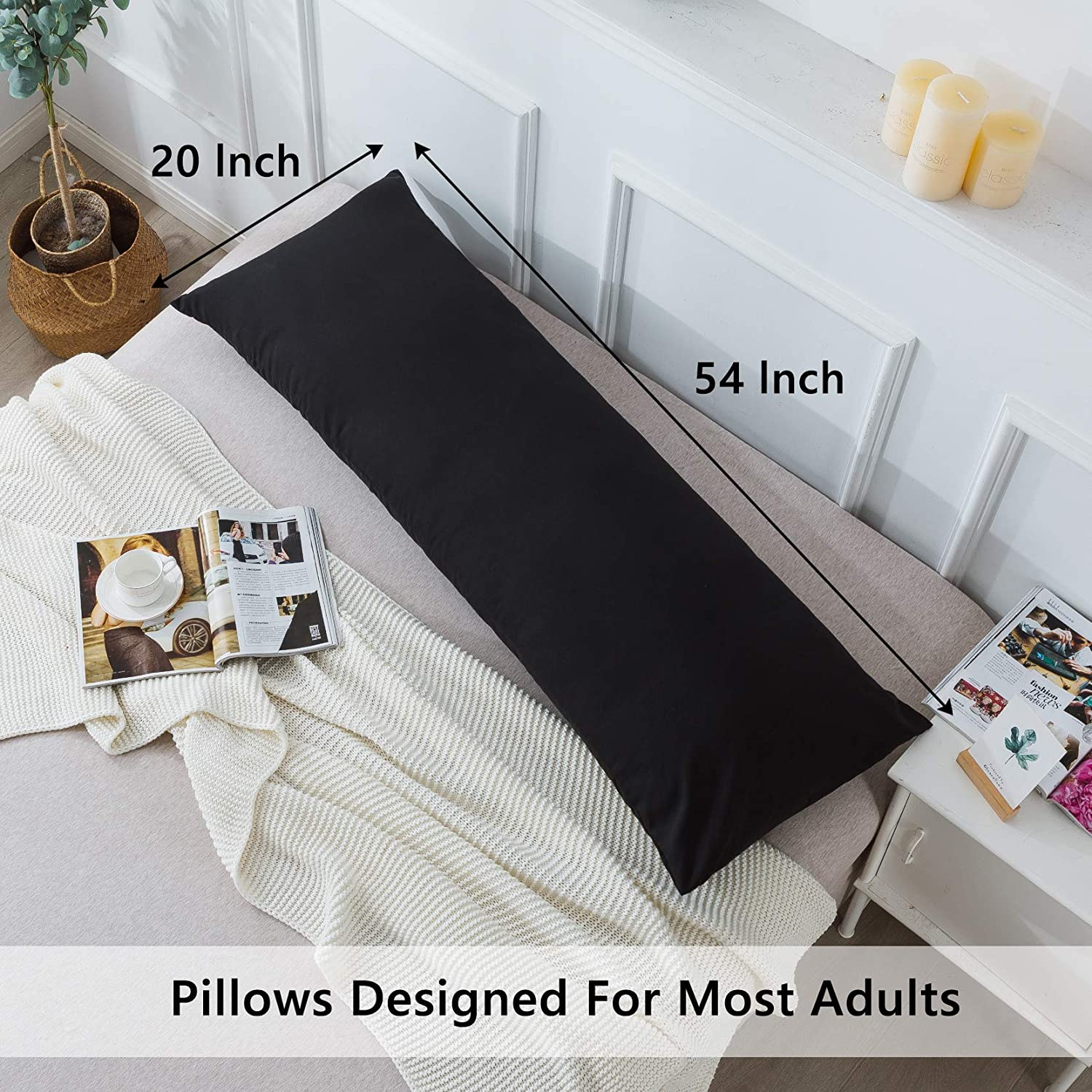 ELNIDO QUEEN Body Pillow with Pillowcase - Soft Long Bed Pillow for Adults - Breathable Full Body Pillow Insert for Sleeping, 20X54Inches, Black image number 1