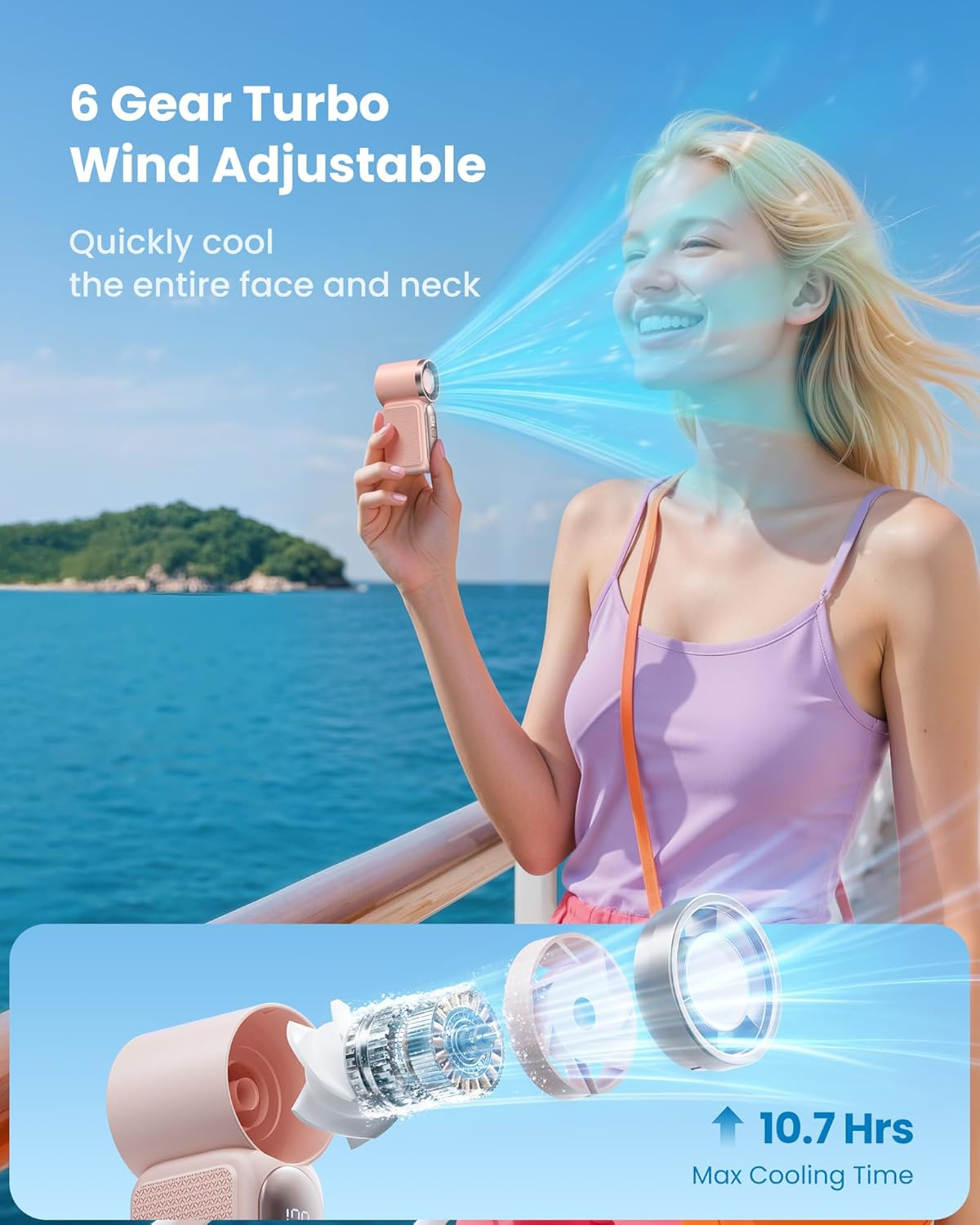 Gaiatop Portable Handheld Mini Fan, 3.5 Inch 16900 RPM High Speed Personal Fan, 6 Gears Strong Wind, LED Display, USB Rechargeable Battery Operated, Women, Makeup, Travel Outdoor, Pink image number 5