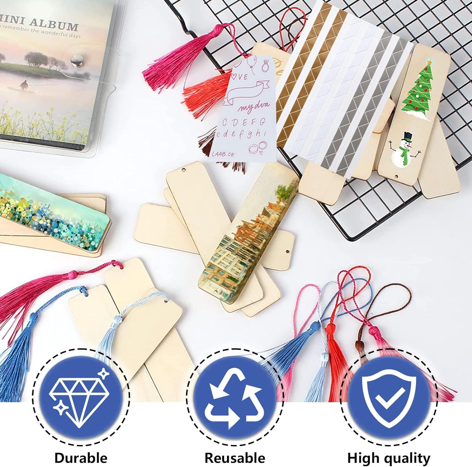 Wooden Bookmarks, 25 Pcs Blank with Holes and 25 Colorful Tassels - Gift Tags for Men, Women, Kids, Book Lovers, Engraving, Crafts image number 2