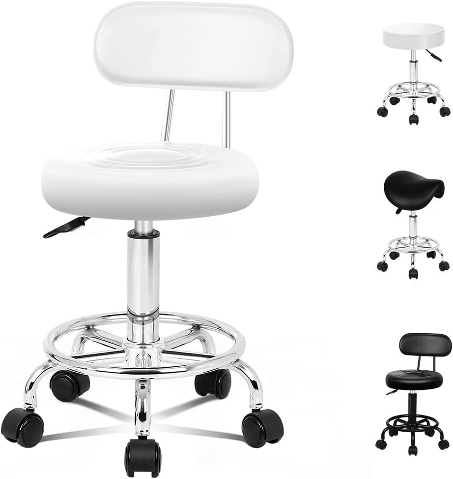 ALFORDSON Salon Stool round Swivel Drafting Rolling Stools in 47.5-62Cm Height Adjustable PU Leather Spa Stool with Footrest Wheels Backrest Hair Dress Barber Chair for SPA Massage (Declan All Black)