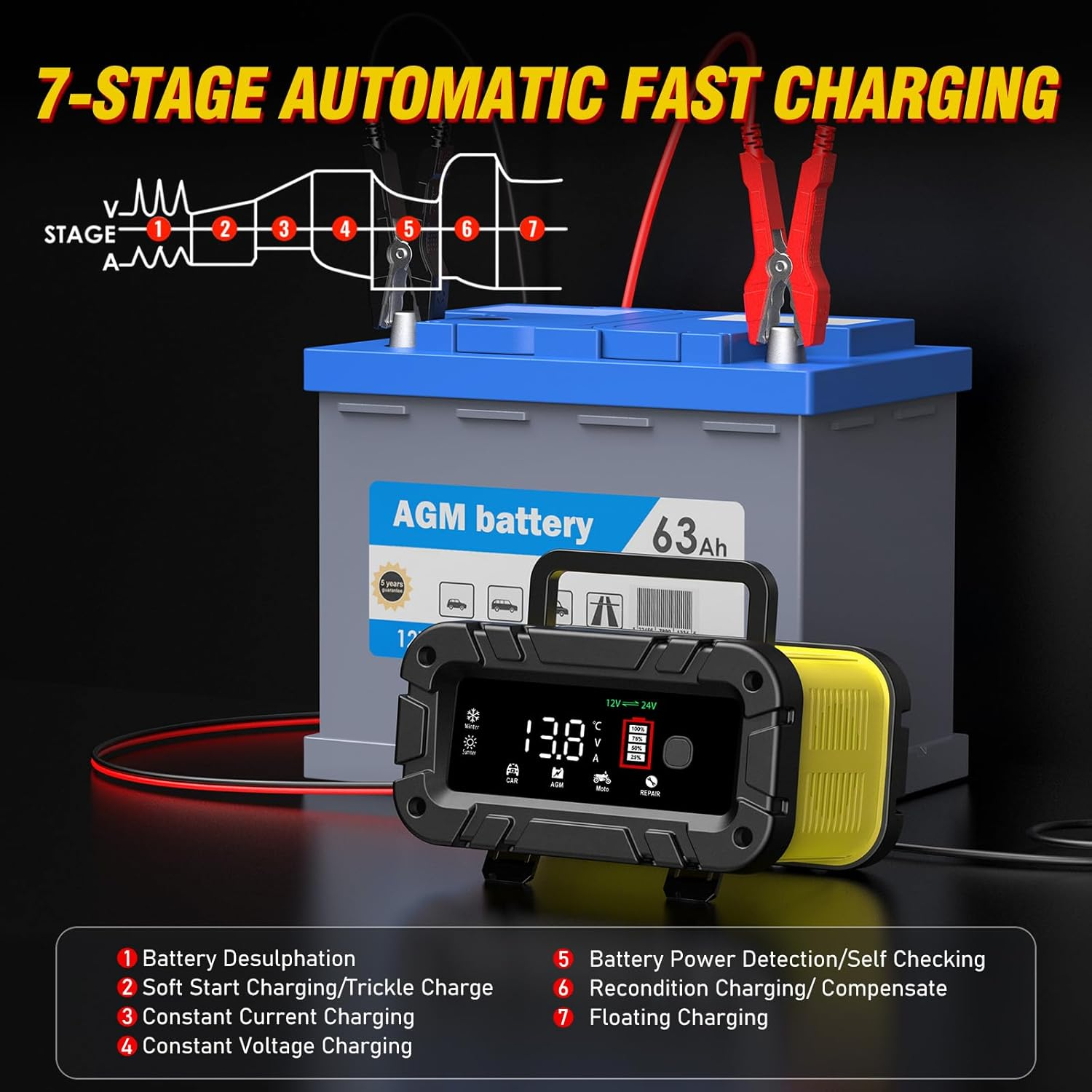 12V / 24V Car Charger, 20A Multi Protections Motorcycle Battery Charger, Intelligent LCD Screen Fully Automatic Battery Charger for Motorcycles, Boats, Cars, Agm/Lithium Battery (Black,Yellow) image number 1