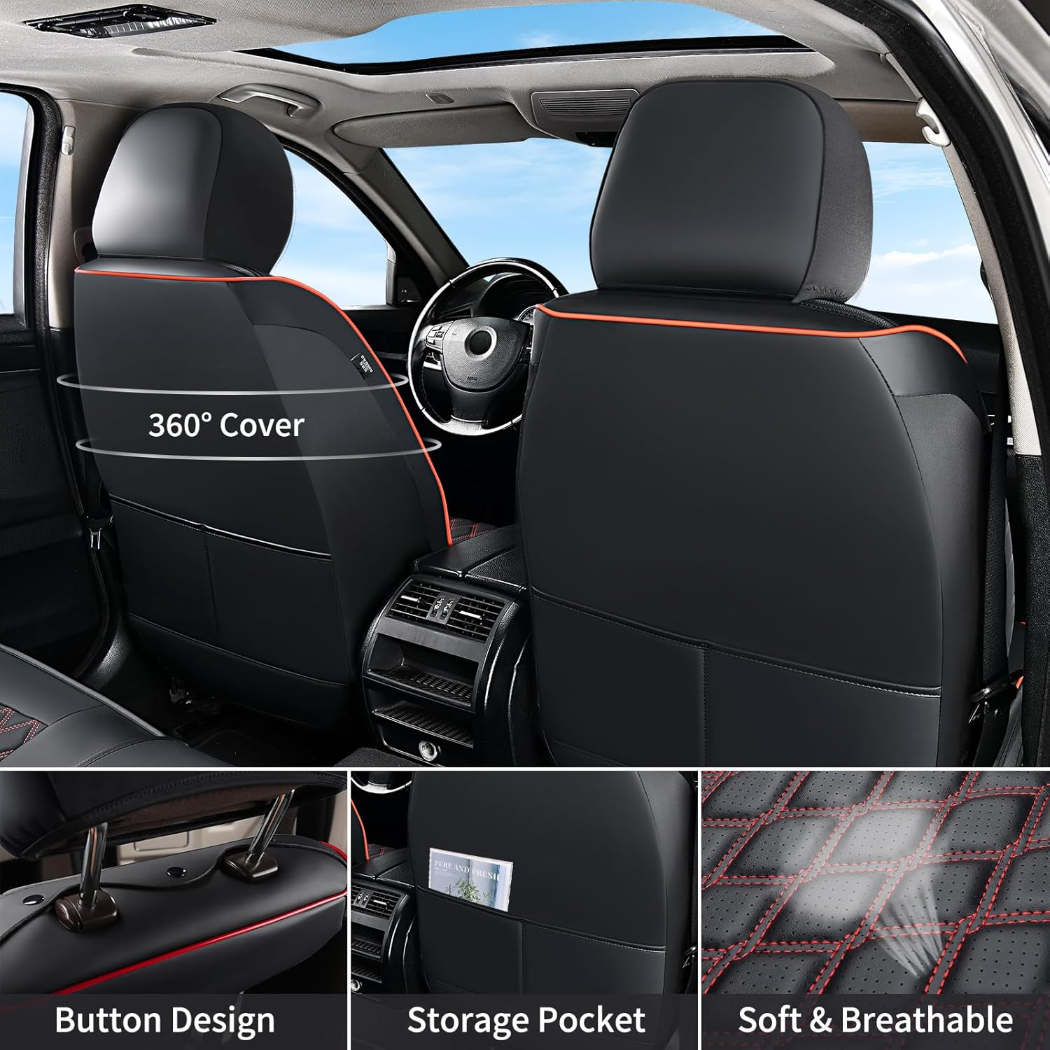 Huidasource Dodge Ram Seat Covers, Front & Rear Pickup Truck Leather Seat Cover Fit for 2009-2018 1500, 2010-2023 2500/3500 Crew Mega Cab, 2019-2023 Ram 1500 Classic Only(Full Set/Black&Red) image number 3