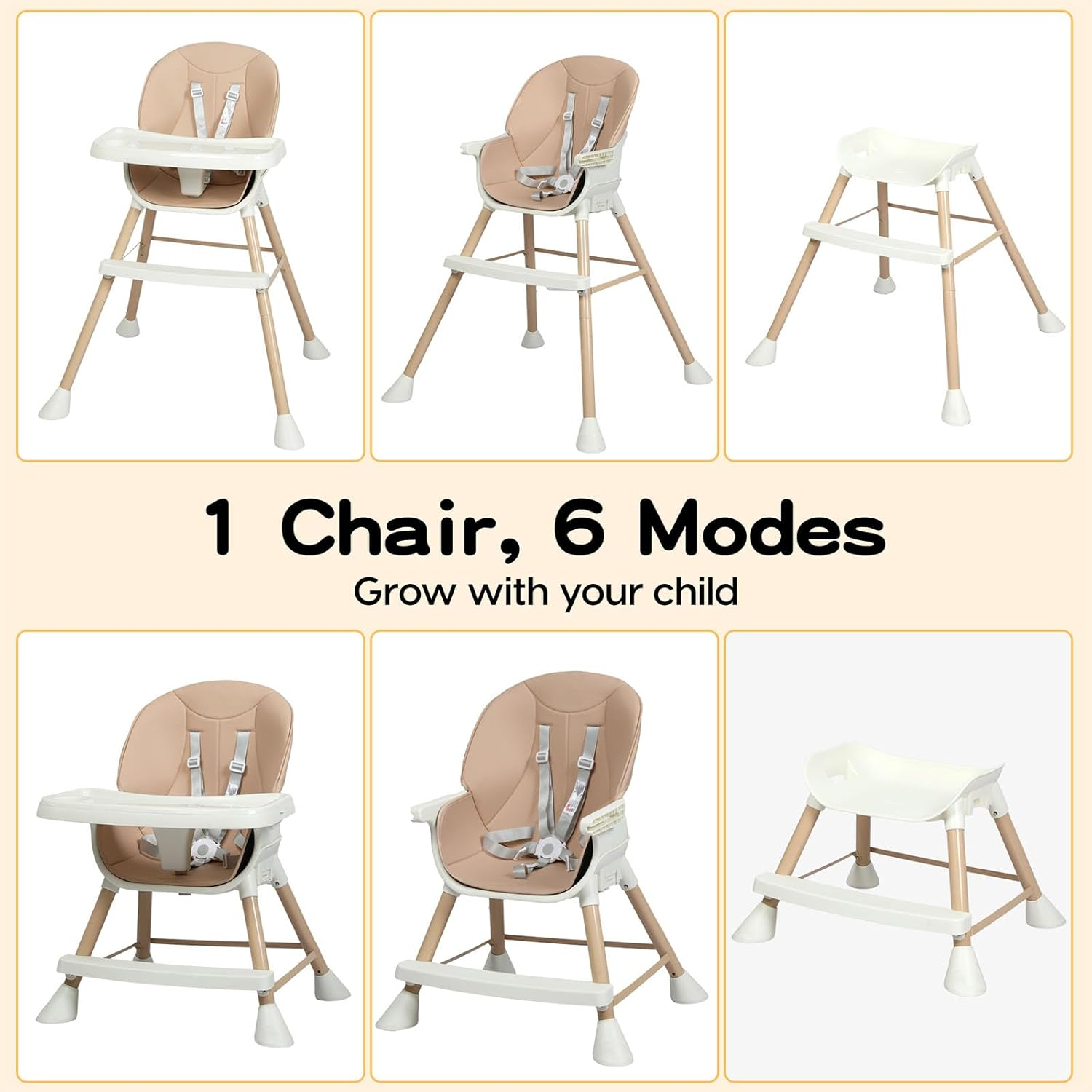 Bopeep Baby High Chair, 6-In-1 Convertible Toddler Chair, Removable Seat and Trays, Adjustable Height, Premium PVC Seat Cushion, Double Trays for Easy Clean, for 0-36 Months Dining(Pink) - Pink image number 6