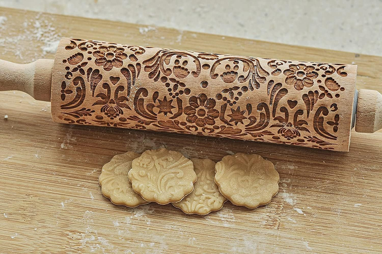 Christmas Wooden Rolling Pin for Baking Engraved Embossing Rolling Pin Cookie Stamps Roller Square Grid Cookies Mold Kitchen Decor Tools for Baking Embossed Cookies (Flower Plant) image number 2
