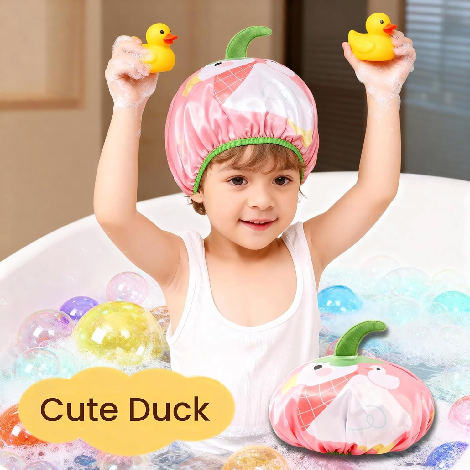 3PCS Kids Shower Cap, Funny Cute Cartoon Bath Hat, Girls Shower Cap for Kids Reusable Waterproof Adjustable Cap Design with Pufferfish, Bug, Duck Cute Hair Cover Hat image number 1