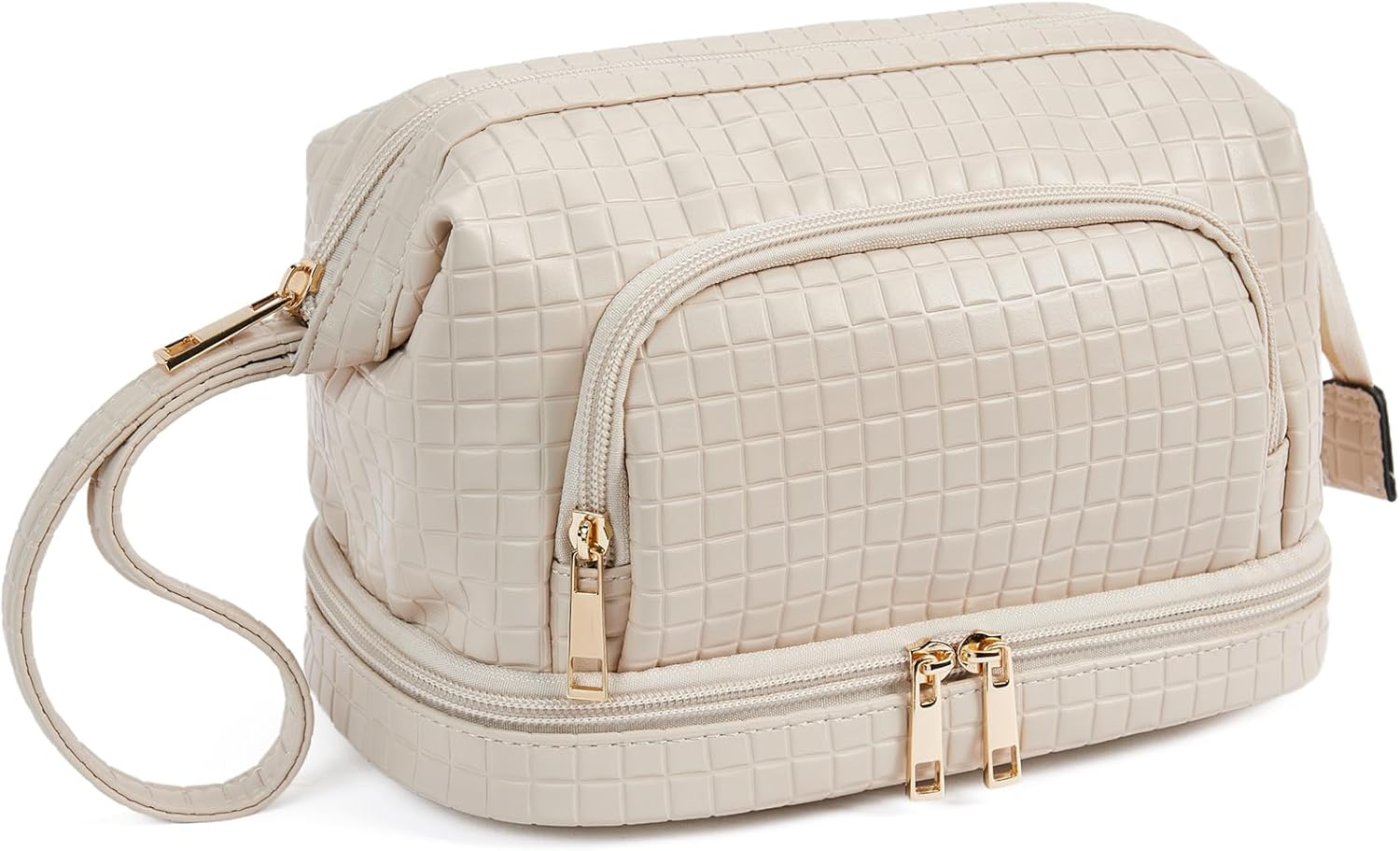 DDPOND Makeup Bag Large Capacity Travel Cosmetic Bags Double Layer Portable Leather Make up for Women (Apricot - Square)