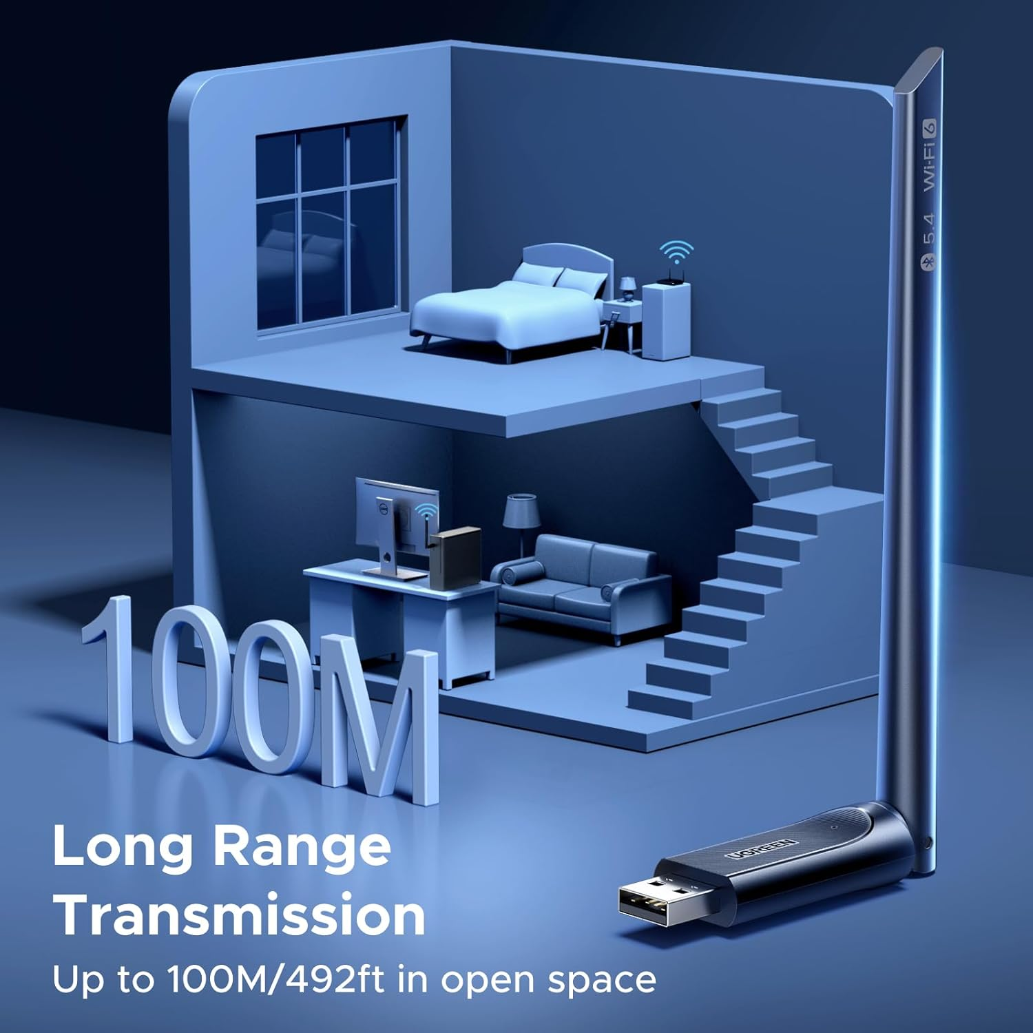 UGREEN AX900 + Bluetooth 5.4 USB Bluetooth Wifi Adapter, Wifi Dongle for Desktop PC with 5Ghz/2.4Ghz Dual Band, 6Dbi High Gain Antenna, Built-In Driver for Windows 10/11 image number 3