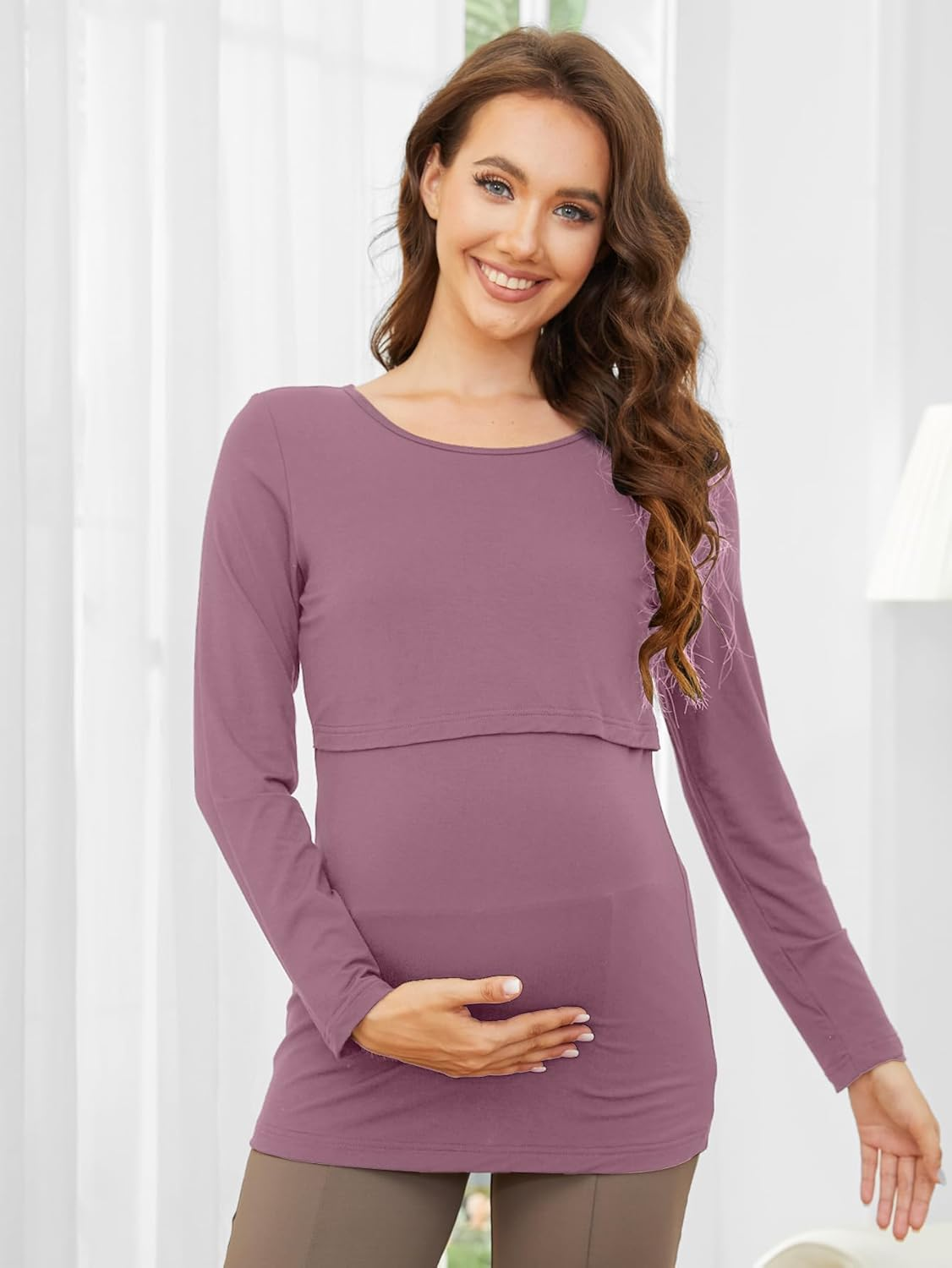 PARNIXS Women'S Breastfeeding Long Sleeved Top Mom Summer Outfit, Covering the Belly and Slimming, Versatile Top（3-Piece Set） image number 4