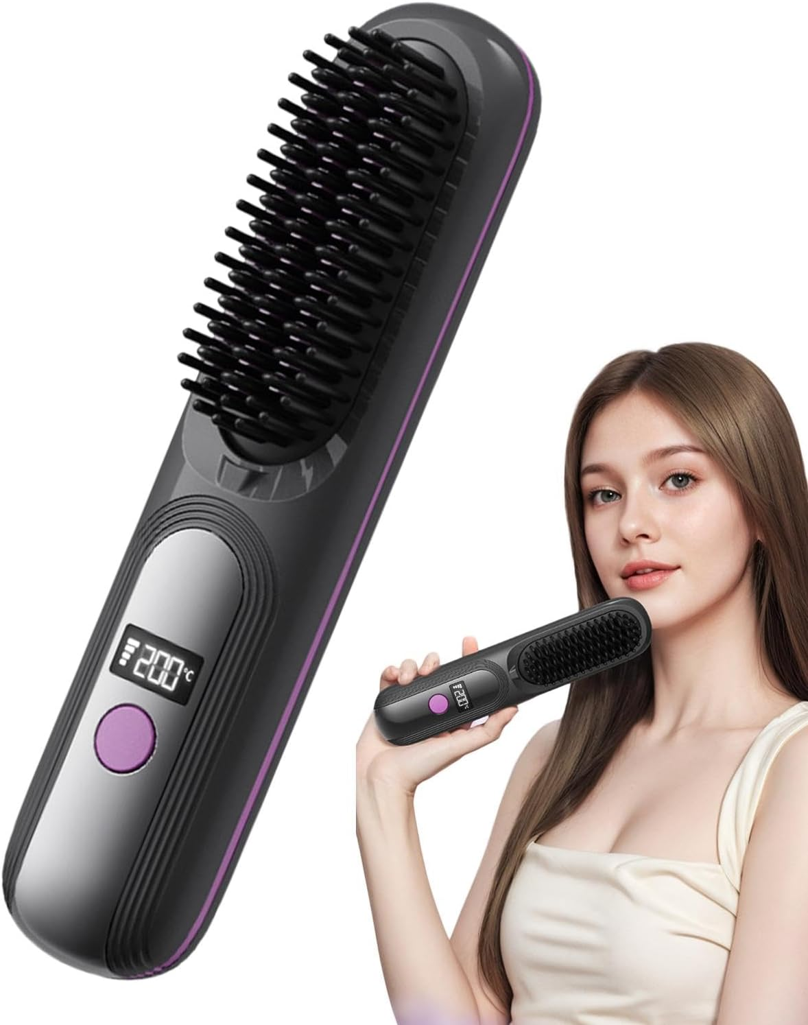 Hair Straightener Brush, Ionic Straightener Comb, Electric Heated Hot Hair Comb, Portable, Wireless, 23.5C/9.25Inches, for Travel, Home image number 4