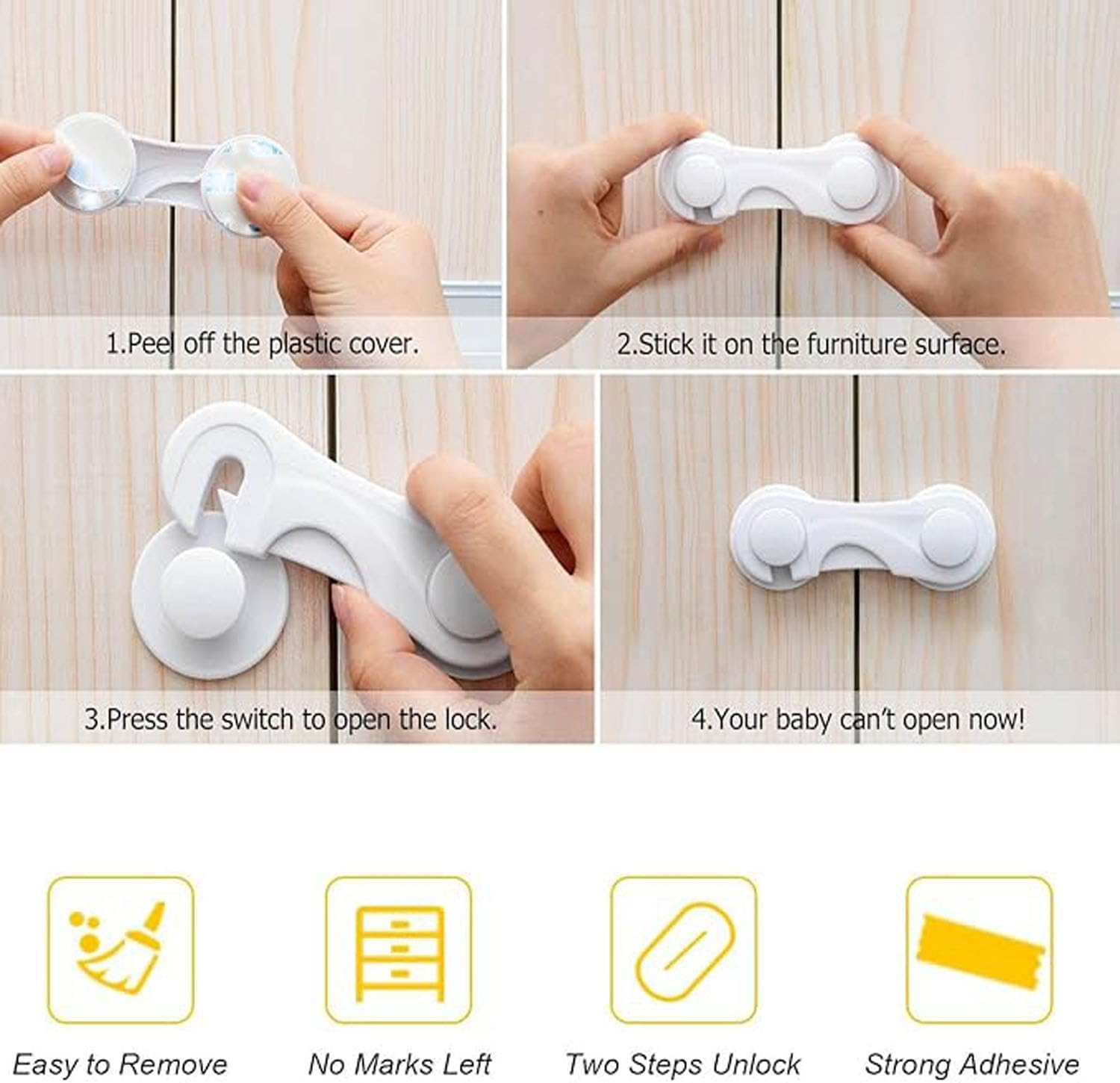 12Pcs Cabinet Locks for Babies, Uandhome Child Safety Locks Drawer Locks Baby Proofing Baby Cabinet Safety Latches Kitchen System with Strong Adhesive Tape image number 4