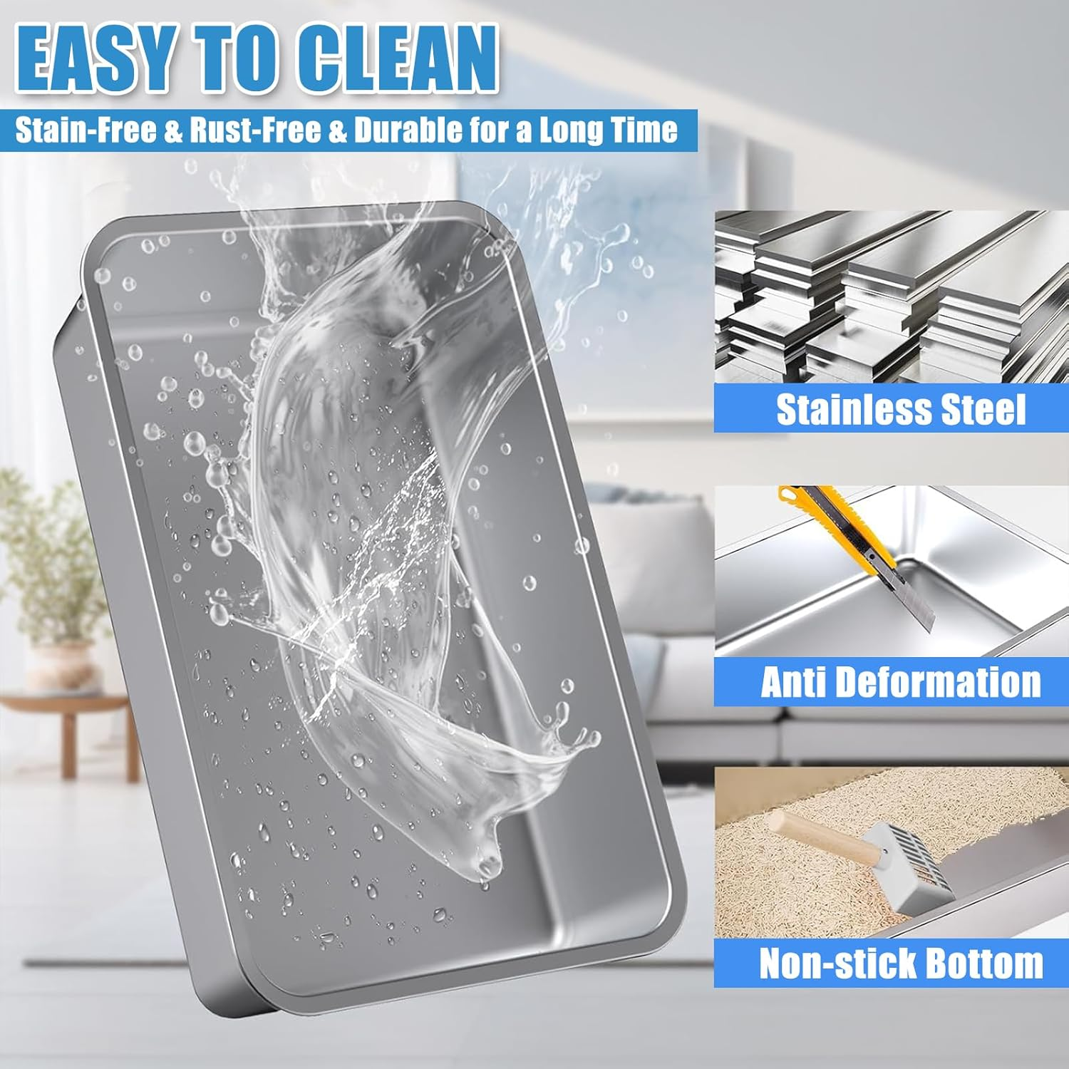 LIODUX 3-In-1 Cat Metal Litter Box Set, Stainless Steel Litter Box with Lid, Extra Large Litter Box for Big Cats, Top Entry Litter Box Enclosed with Double Filter Pedal & Scoop High Sided image number 3