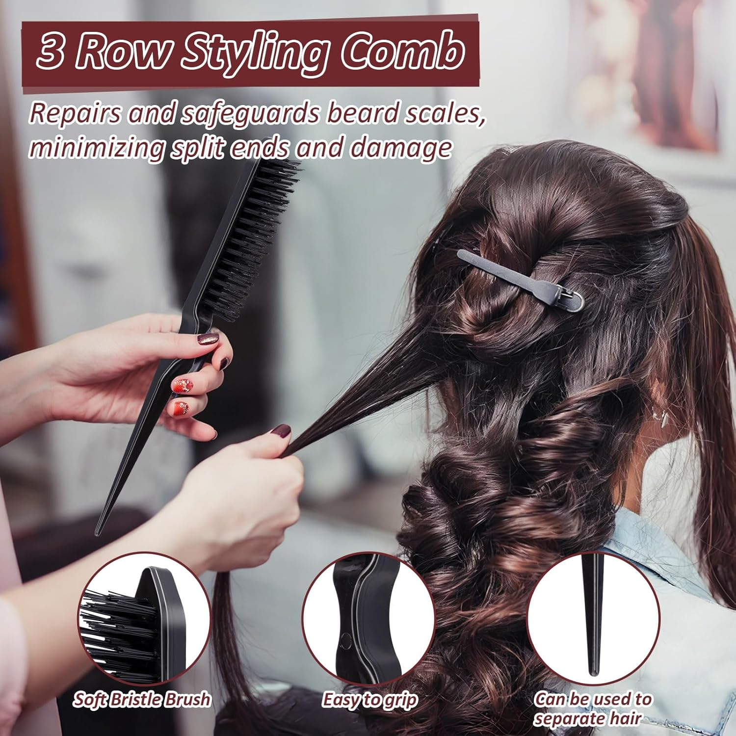 5 Pcs Boar Bristle Brush Set,Pulled Tail Brush,Natural Boar Bristles with Wooden Handle,Sleek Styling Hair Brush,Reduce Breaking,Anti-Static Brush for Men and Women