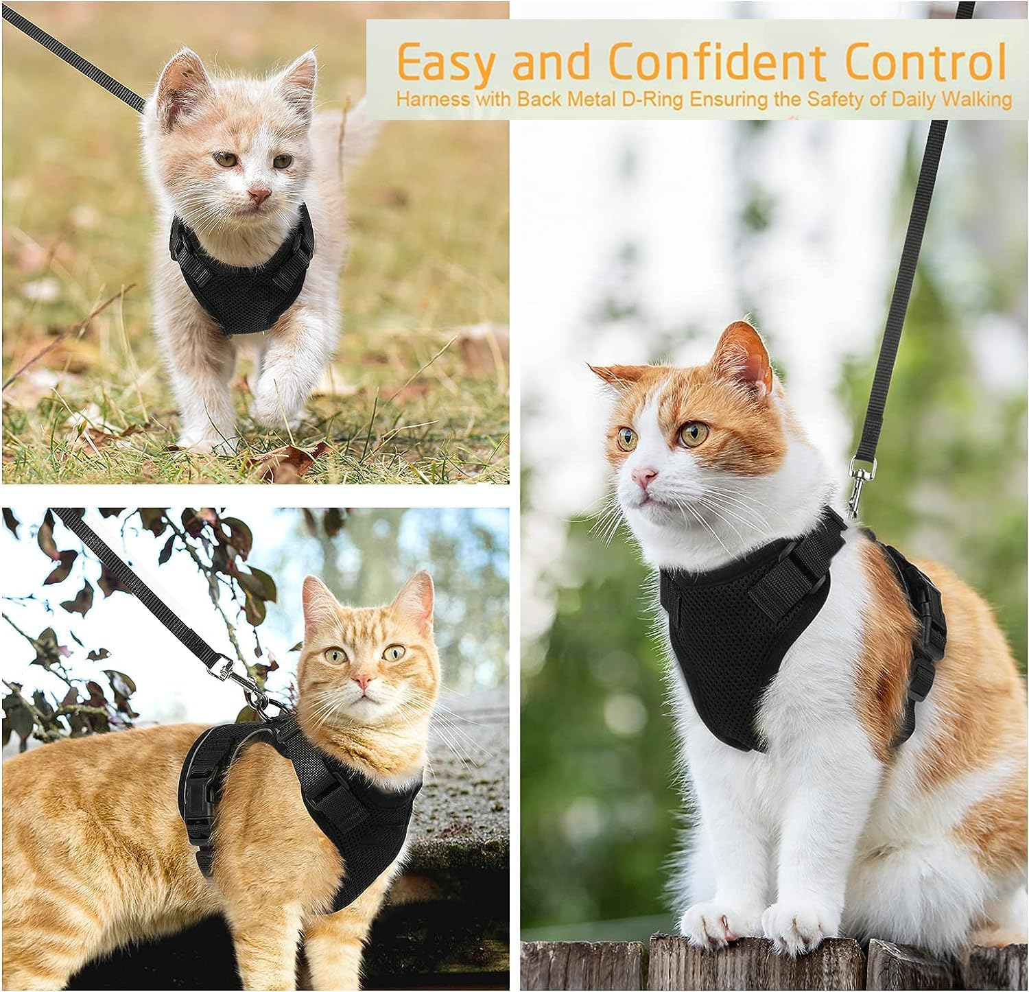 PAWCHIE Cat Harness and Leash Set for Walking,Escape Proof Safe Adjustable Kitten Vest Harnesses,Easy Control Soft Breathable Mesh Jacket with Reflective Strips for Cats,Black,Xs (S) image number 5