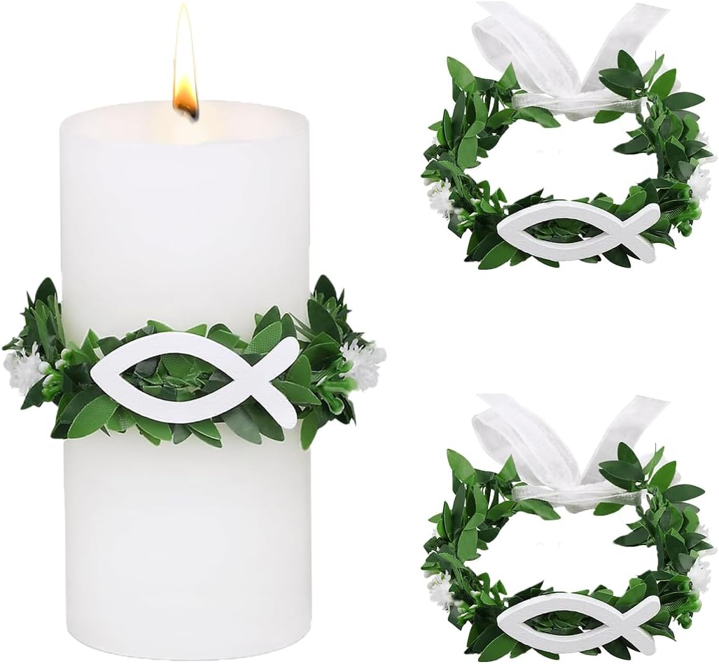 YAYNO Pack of 2 Communion Candles Drip Protection Candle Drop Protection Drip Protection Christening Candles Drip Protection Candle Wreath Christening Candles White Christening Fish Decoration Drip image number 3