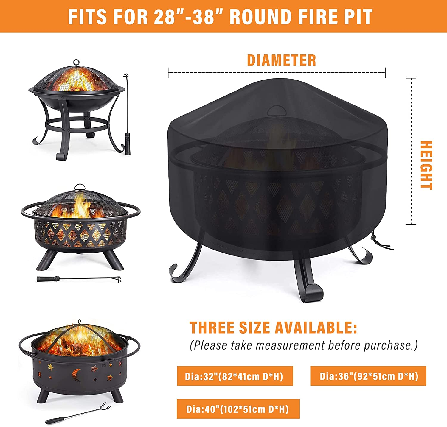 Fire Pit Cover round Waterproof Fit for 80/90/100Cm Outdoor round Firepit or Fire Bowl 420D Heavy Duty Firepit Cover, Black Patio Fire Bowl Cover image number 2
