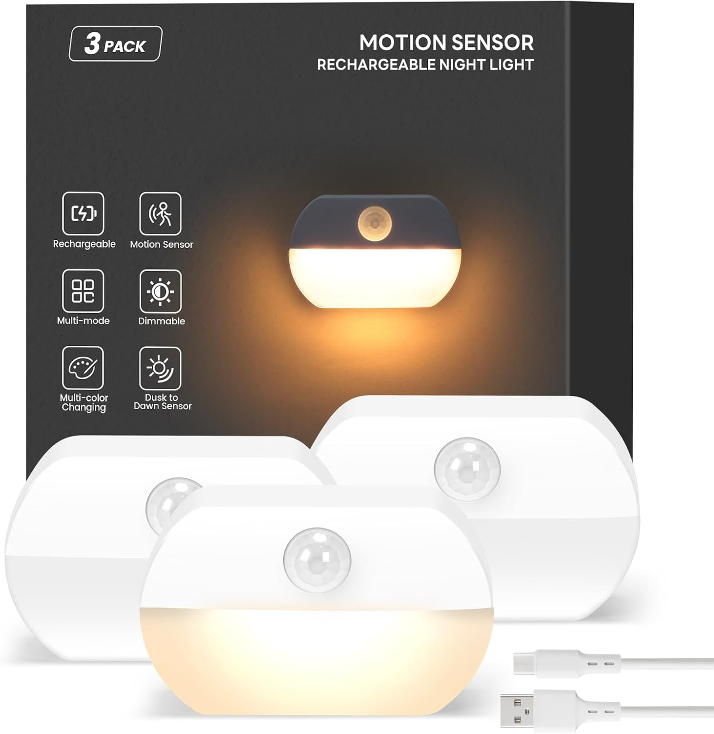 Rechargeable Motion Sensor Night Light Indoor Built-In 700Mah Battery Operated Portable Dimmable Color-Changing LED Wall Nightlight Lamps for Stairs Bedroom Hallway Bathroom Garage(3 Pack) image number 4