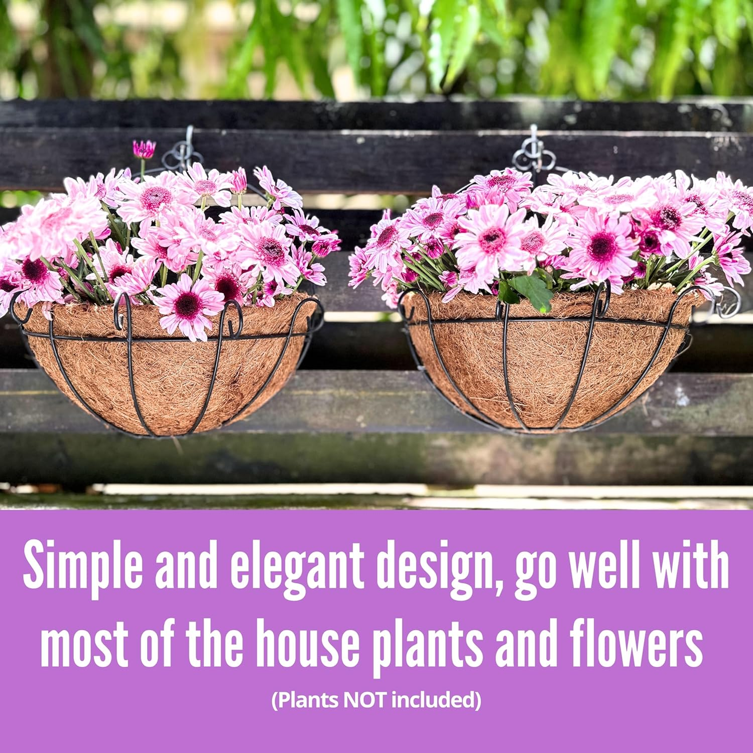 Shoplala Wall Planters for Outdoor Plants (4 Pack, 10 Inch) Metal Black Wire Flower Baskets with Coco Liner, Fence Hanging Planter Balcony over Deck Porch Railing Rail Patio Modern Herb outside Garden image number 4