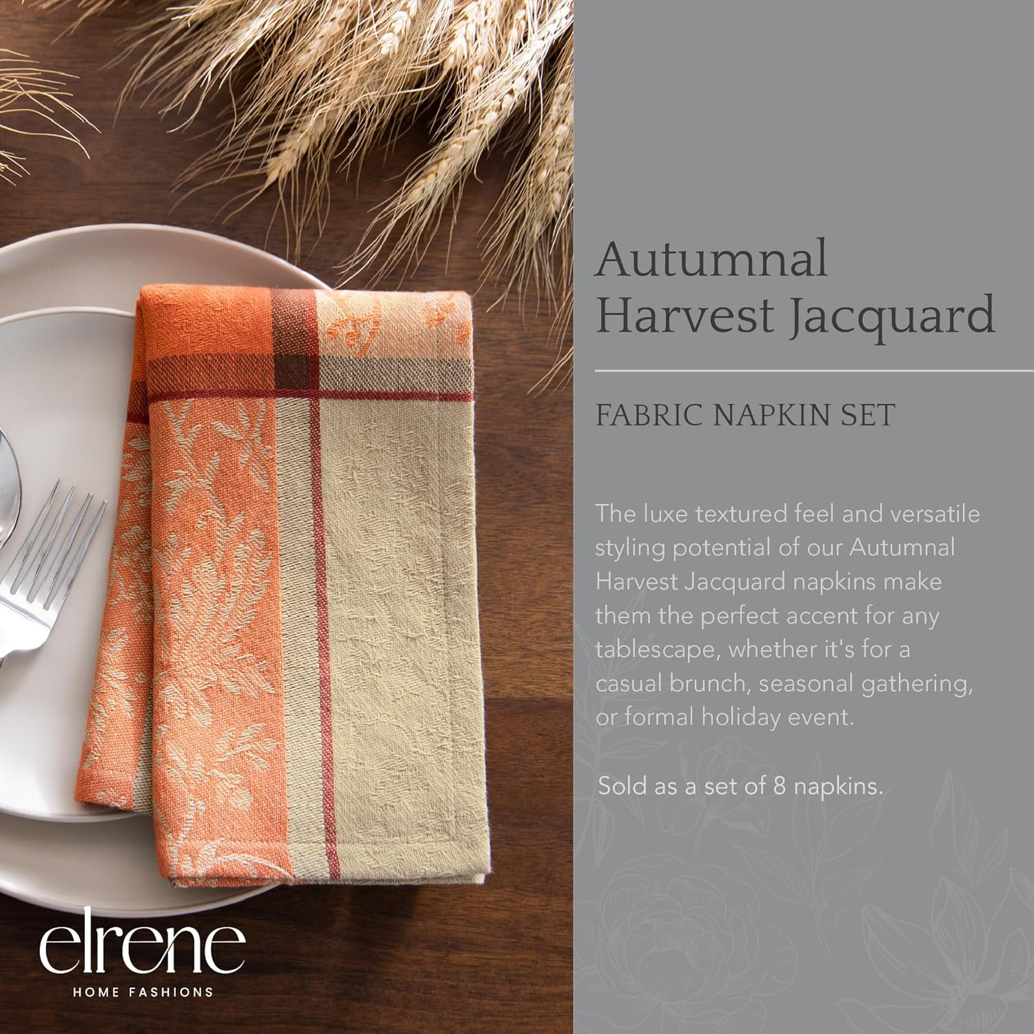 Elrene Home Fashions Autumnal Harvest Jacquard Napkins, Set of 8, 17"X17" image number 4