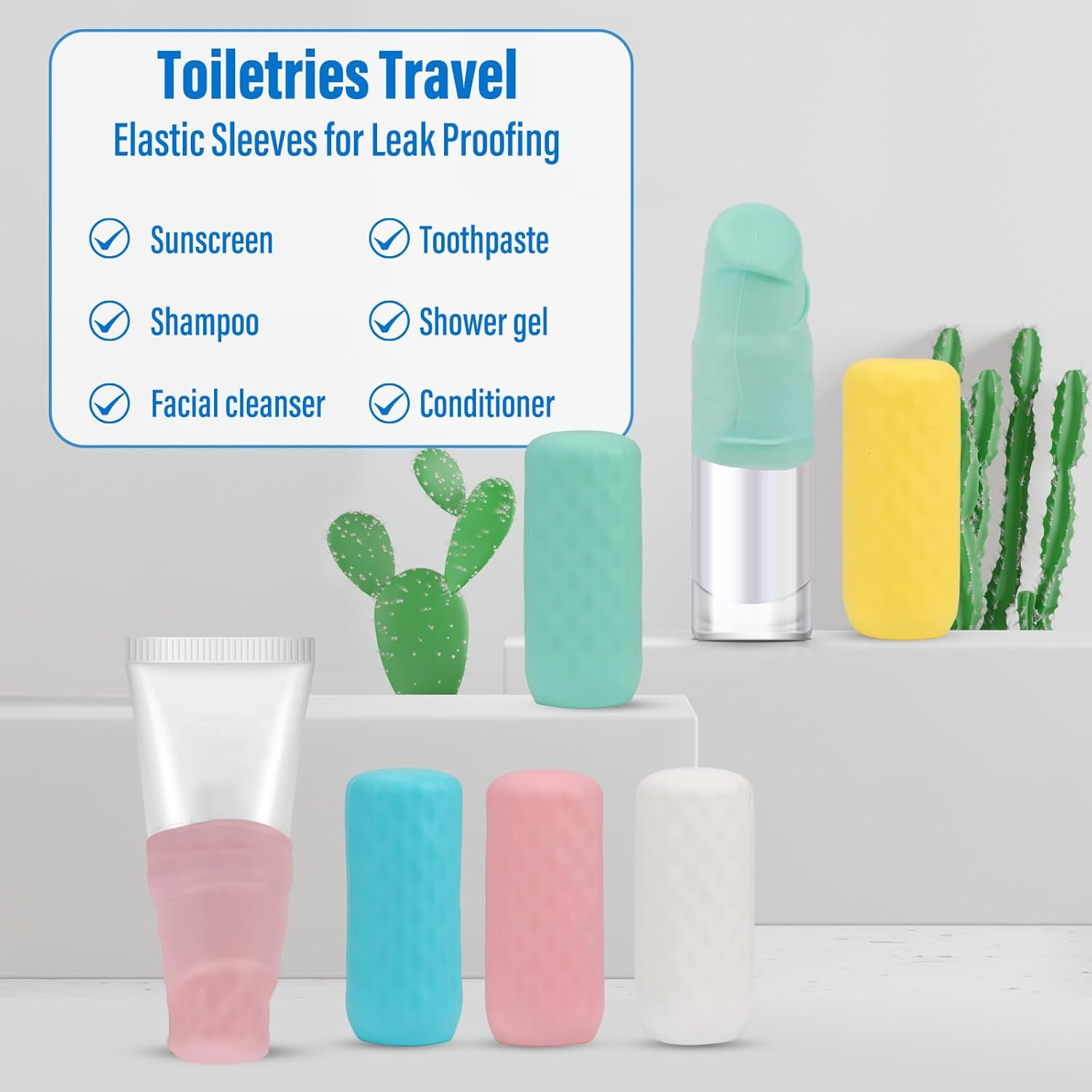 Fiohiros 10 Pack Silicone Bottle Covers, Travel Essentials for Women Men, Cruise & Plane Travel Accessories, Leak Proof for Shampoo, Lotion, Cosmetics, Fit Most Travel Size Bottles, 5 Colors