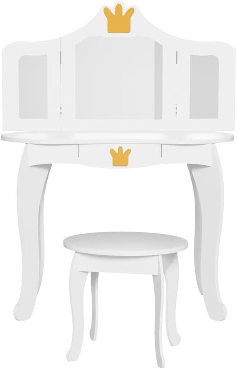 Keezi Kids Dressing Table Vanity Makeup Chair Set Wooden 3 Mirror Drawer White