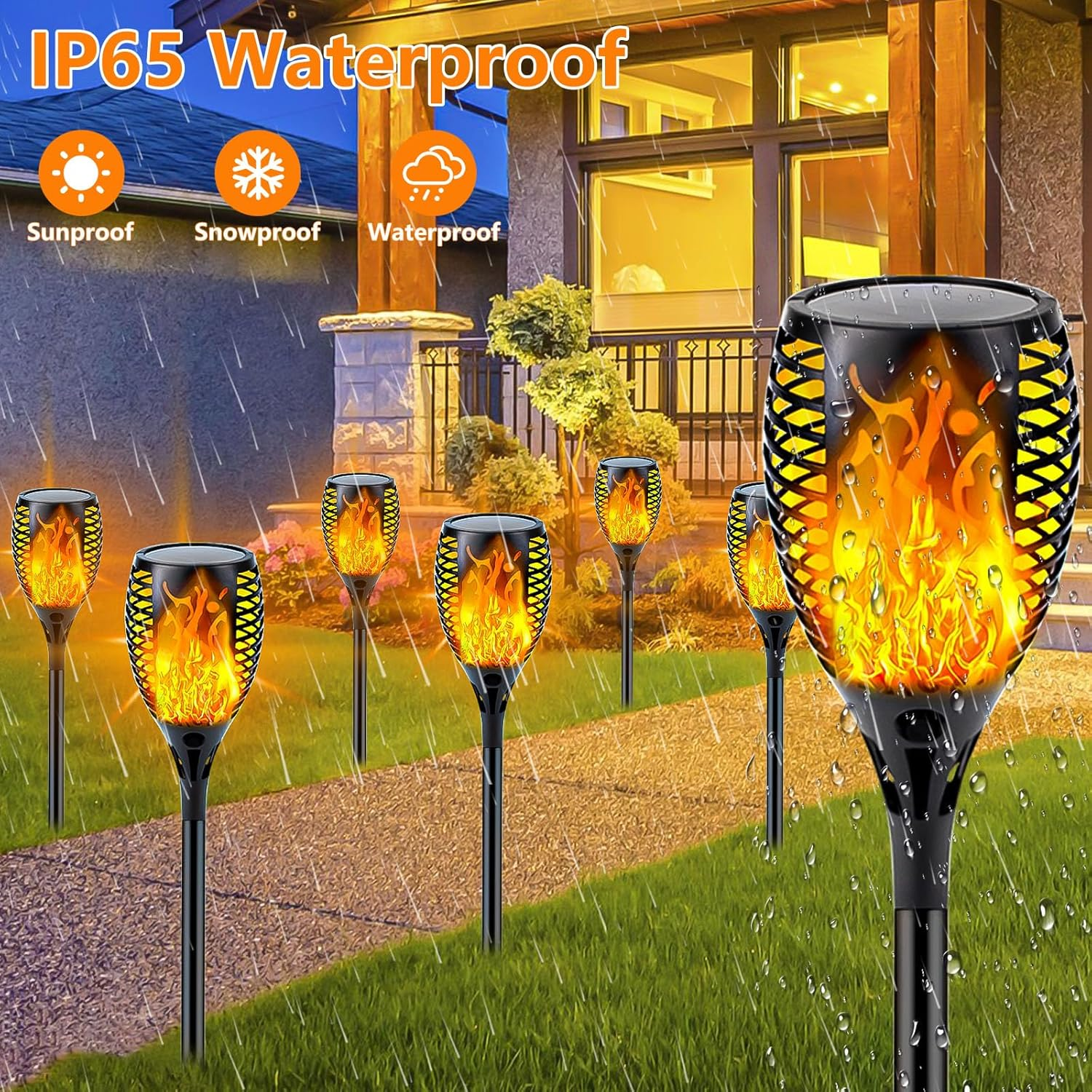 SANJICHA 4 Pack Super Larger Size Solar Flame Torch Extra Bright Tiki Lights Outdoor Decorative with Flickering Flame, Solar Outdoor Lights Waterproof Lamps for Outdoor Use Garden Pathway Yard image number 2