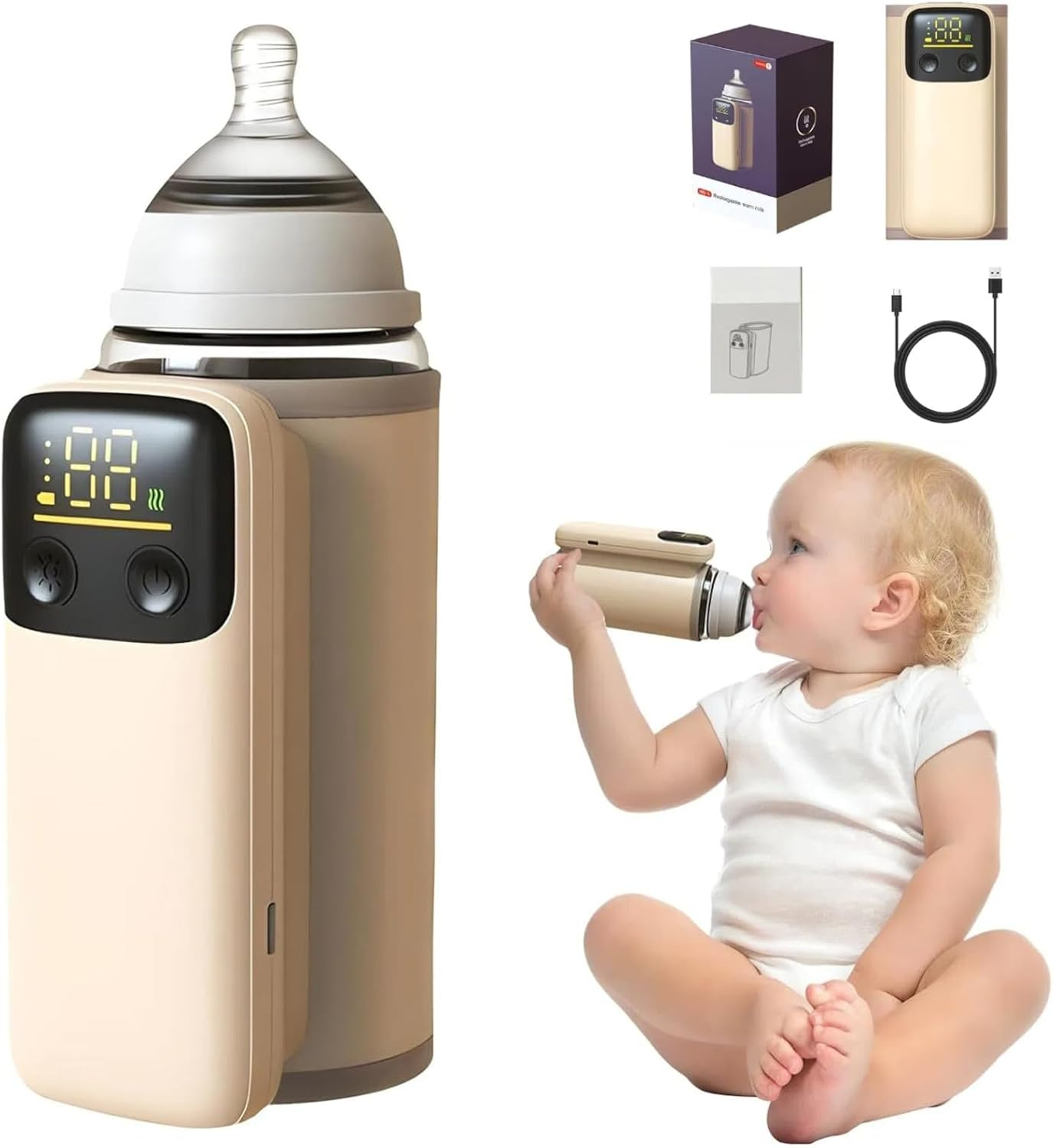 Upgrade Portable Bottle Warmer for Travel, Smart Precise Temperature Control & LCD Night Light Display, Comfortable Baby Feeding on the Go, Feeding While Charging, Fast-Charging,Warming for 4-7 Hours image number 2