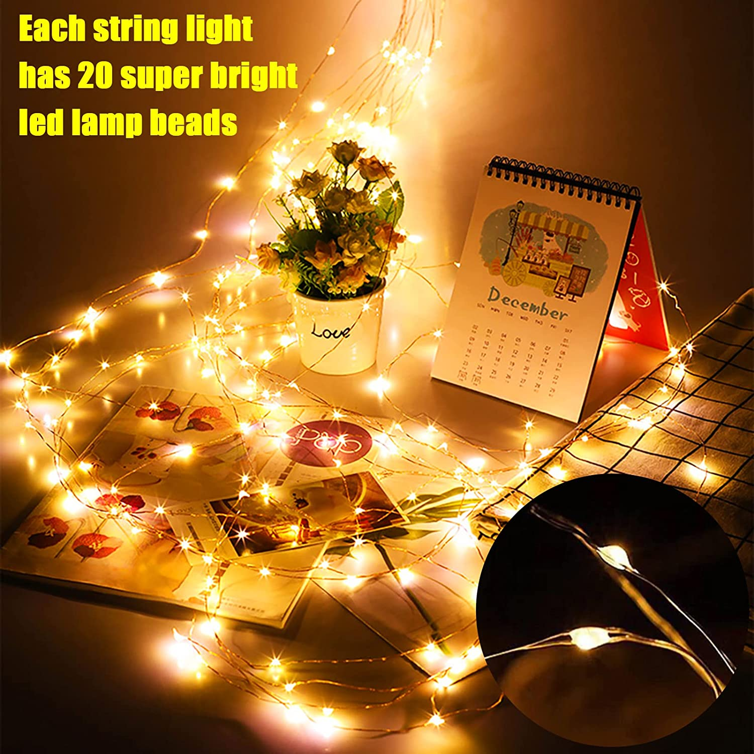 CREATESTAR 12 Pack 20 Mini Leds String Lights, 7.2Ft Waterproof Copper Wire Fairy Lights Battery Operated(Included), for Bedroom Patio Dorm Room Outdoor Wedding Party (Warm White) image number 2