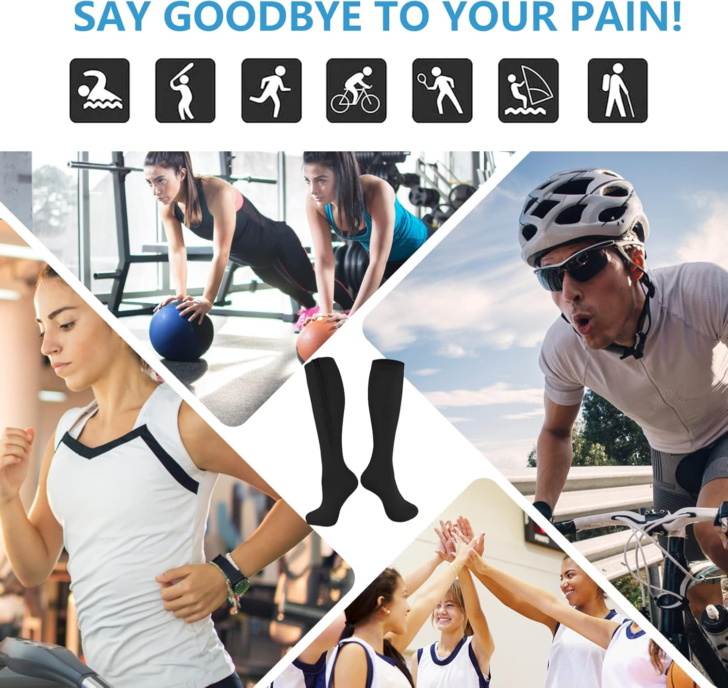 Bropite Zipper Compression Socks Women&Men 2 Pairs Knee High 15-20 Mmhg Closed Toe Compression Socks for Running, Varicose image number 2