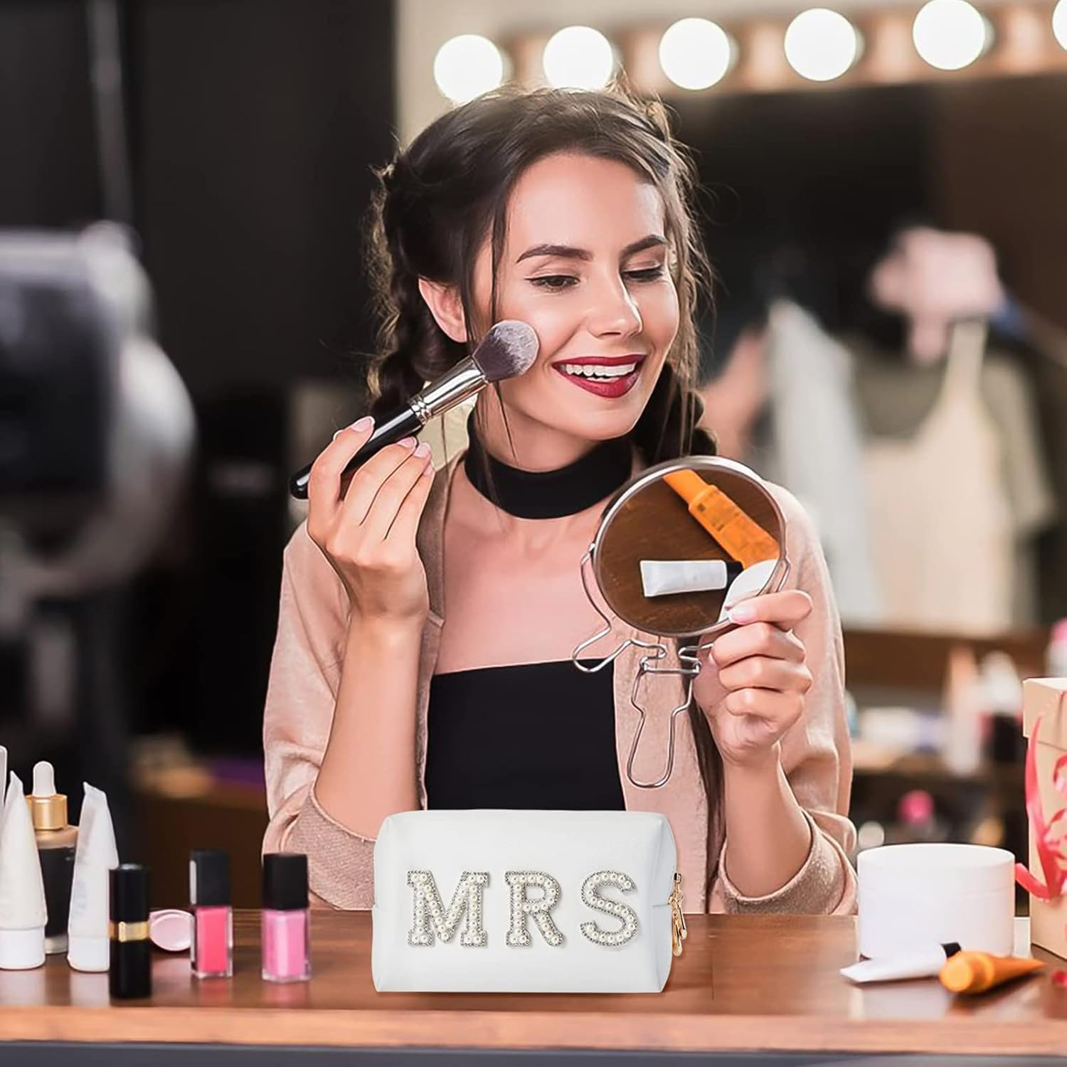 AGDGV Bling Varsity Letter Makeup Bag - Pearl Rhinestone Patches, PU Leather, Waterproof Zipper Purse for Women image number 2