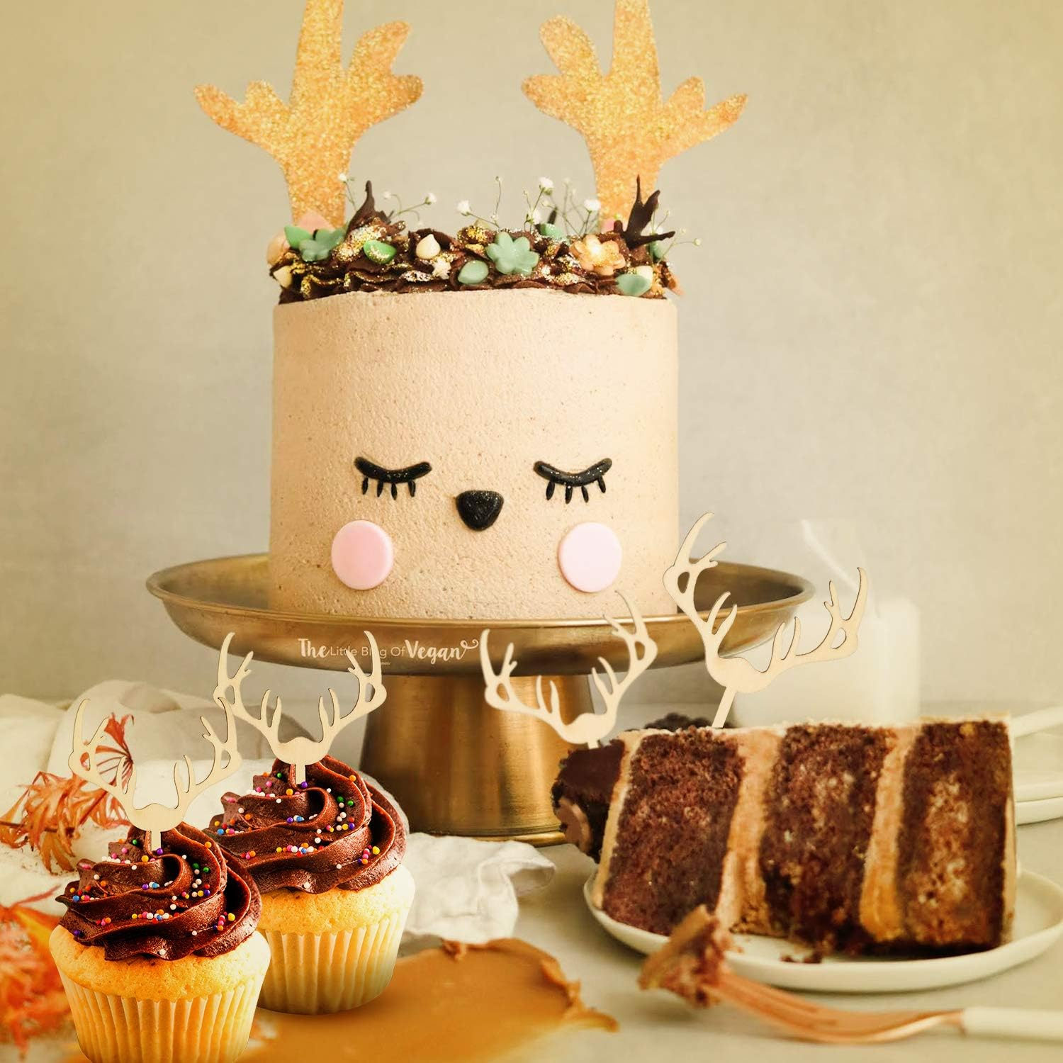 Deer Cupcake Toppers Wooden Woodland Antler Baby Shower Cake Picks Party Decorations Wedding Hunting Boho Rustic Country Birthday Party Supplies Set of 24