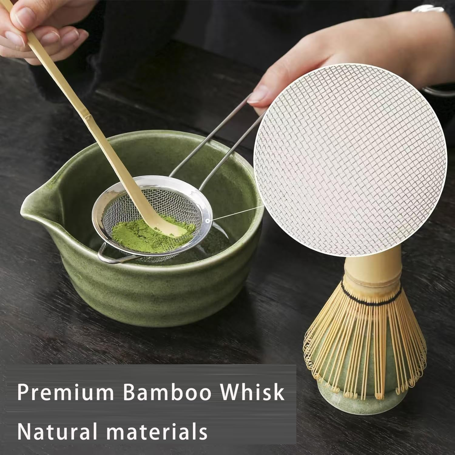 Matcha Set, 6Pcs Matcha Kit Set Includes Bowl with Spout and Bamboo Whisk, Bamboo Scoop, Spoon and Stainless Sifter, Gradient Green Japanese Tea Making Tools image number 3