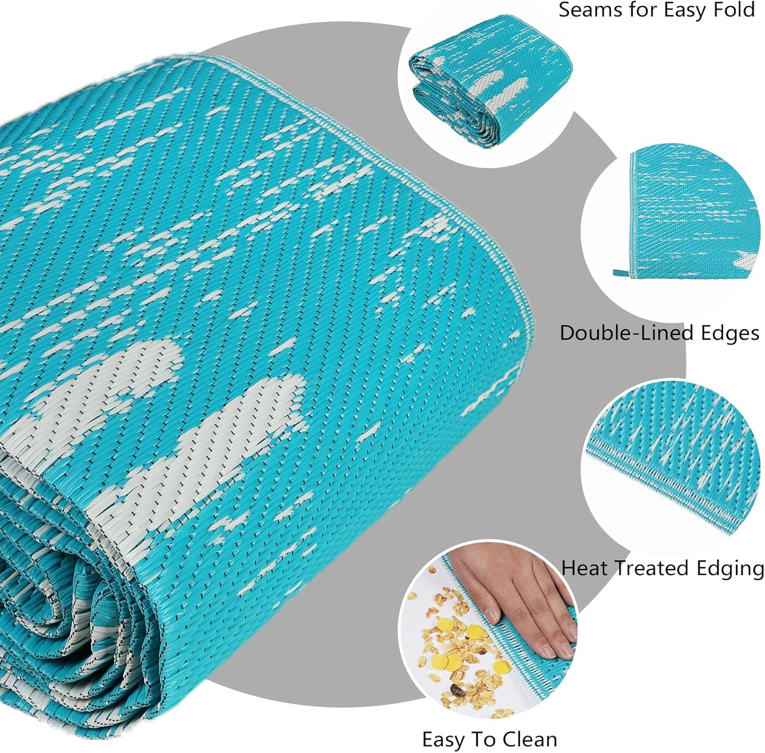 Falflor150X245Cm Outdoor Rug for Patios Waterproof Reversible Garden Mat Plastic Picnic Blanket Outdoor Floor Carpet Plastic Straw Rug for RV Backyard Beach Picnic Balcony(Teal) image number 6