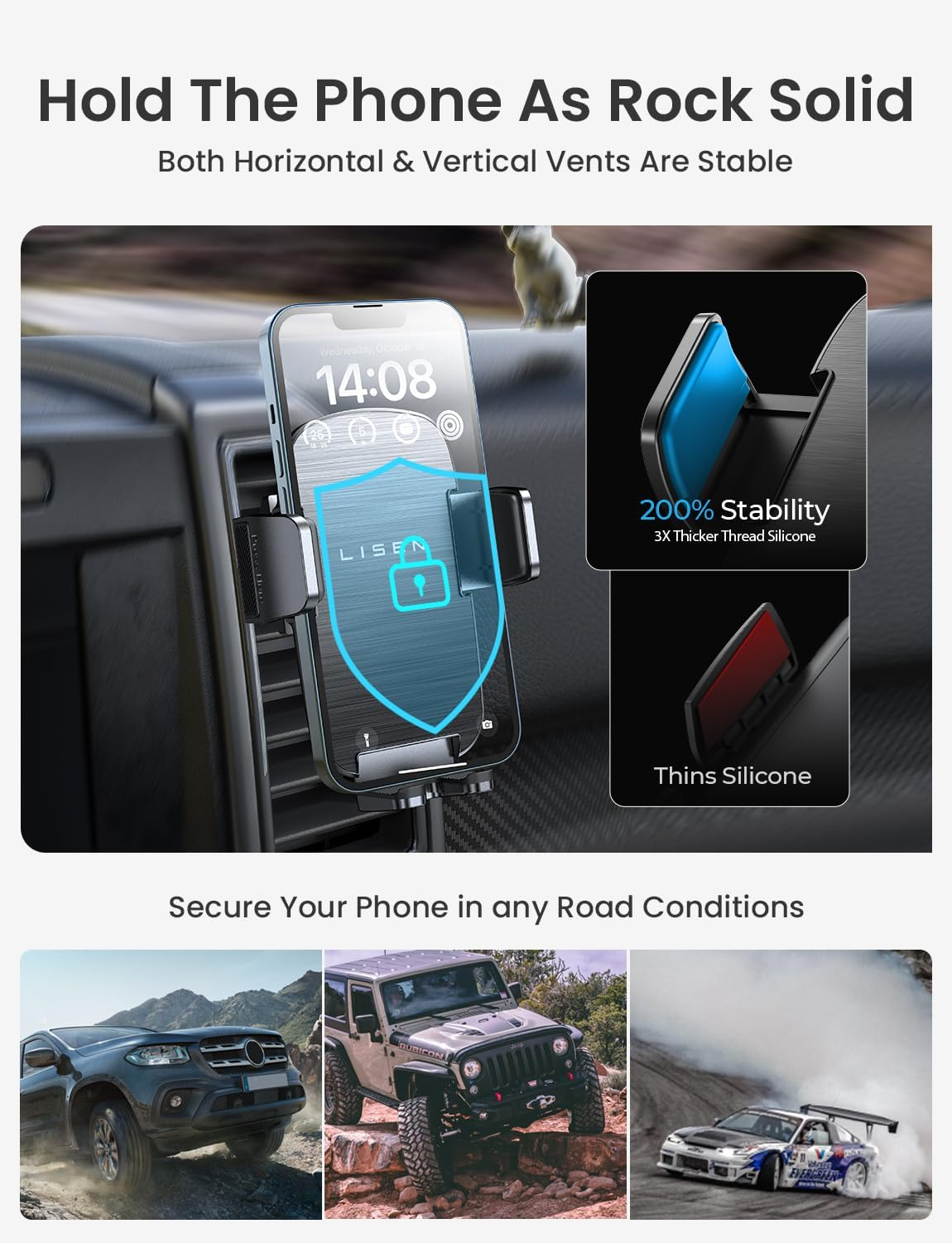LISEN Car Phone Holder [2024 Upgrade] Air Vent Phone Holder for Cars [Never Slip & Fall] Super Stable Car Phone Mount Compatible with All Phones, Iphone 15 Pro Max plus 14 13 12 Series, Samsung S24 23 image number 6